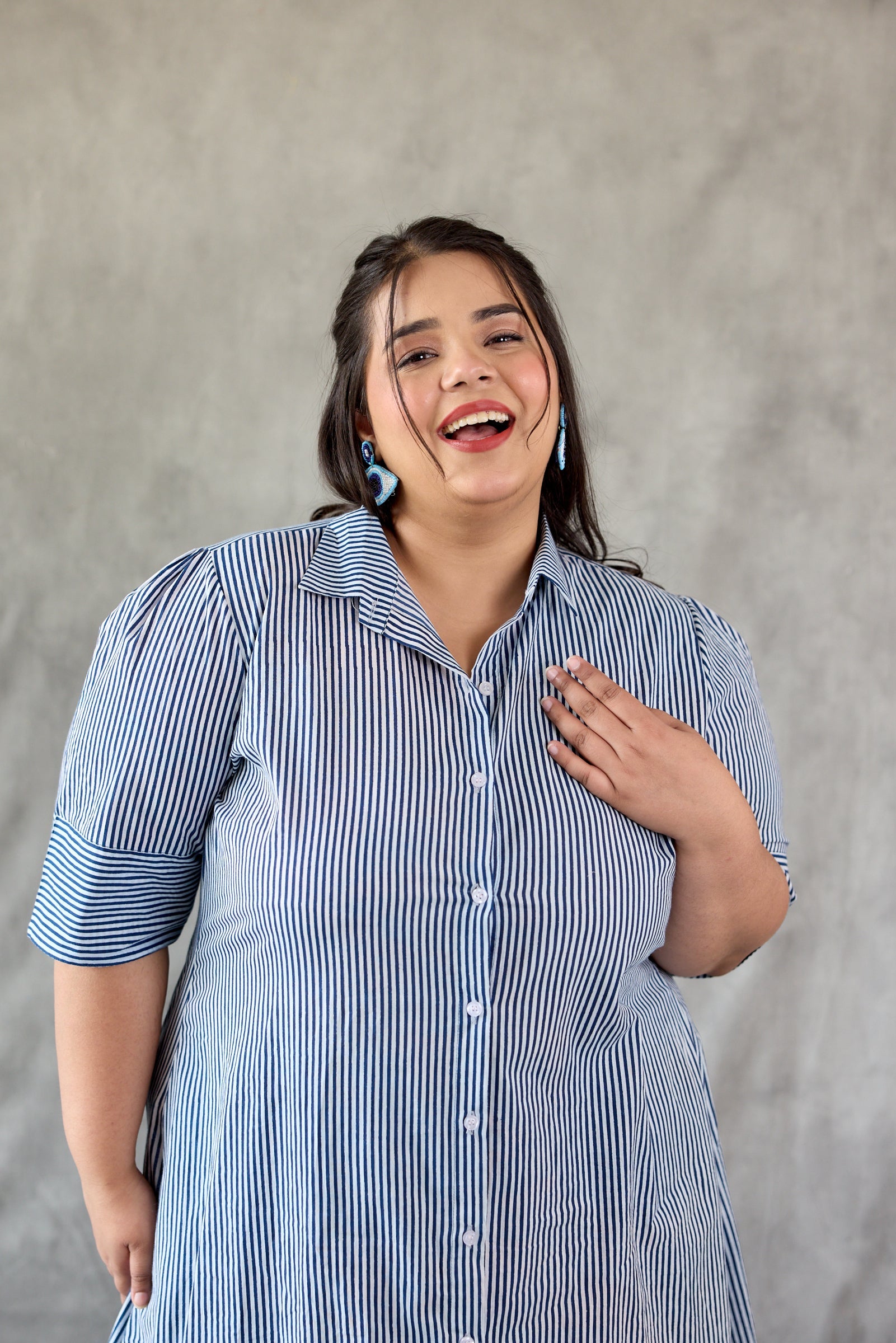 Women's Tailored Blue Striped Button-Down Dress - Nangalia Ruchira