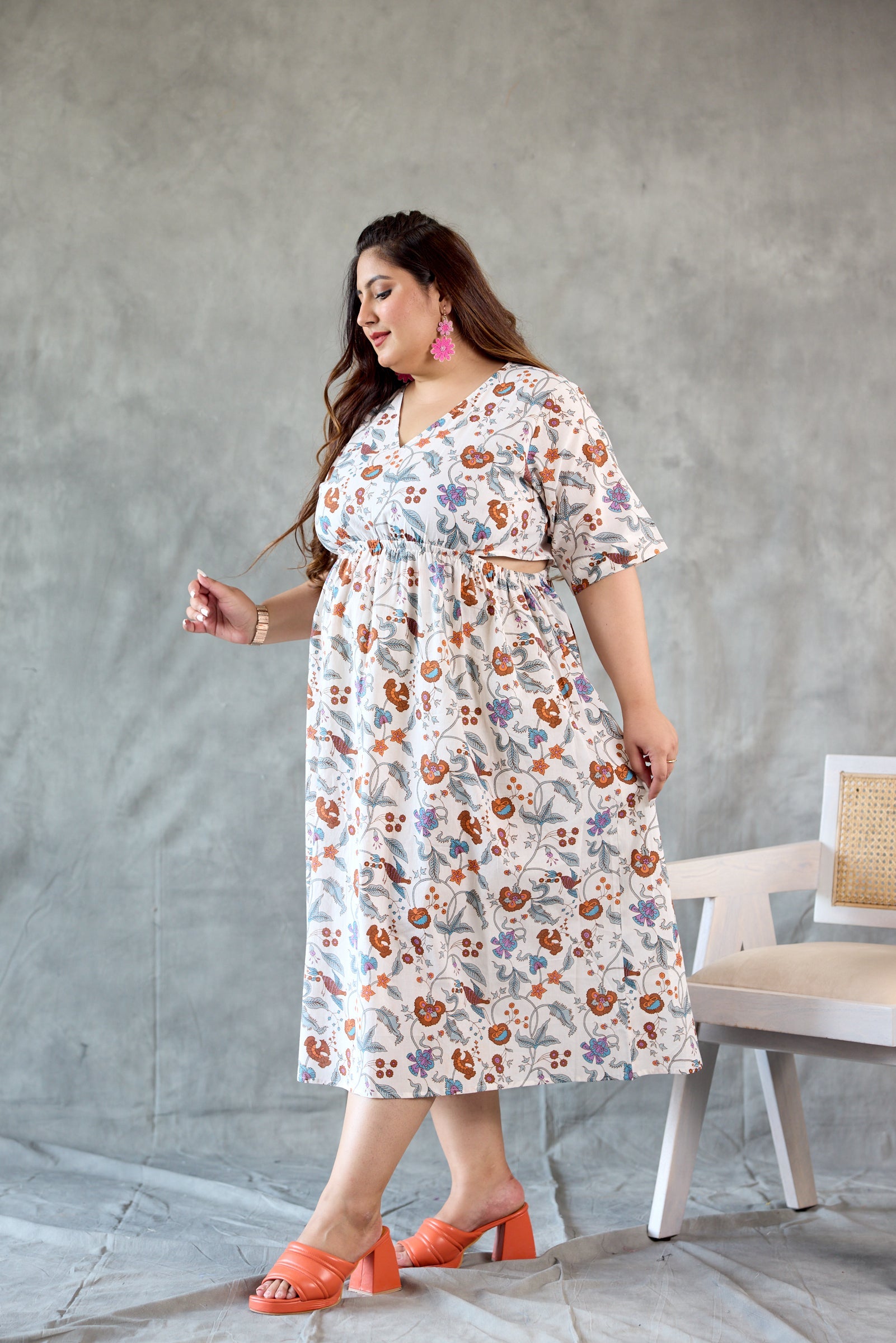 Women's Cotton Floral Print Cut-Out Dress - Nangalia Ruchira