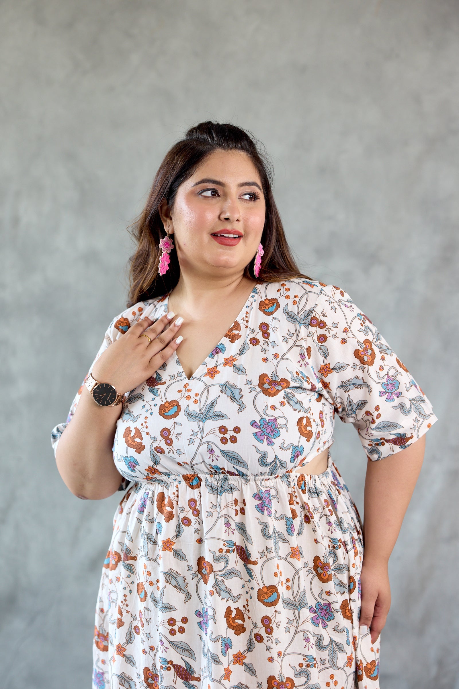 Women's Cotton Floral Print Cut-Out Dress - Nangalia Ruchira