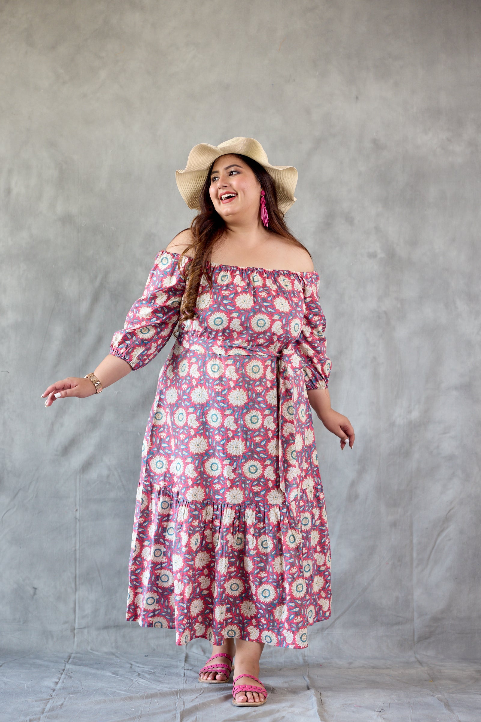 Women's Pink Floral Printed Off Shoulder Maxi Dress - Nangalia Ruchira