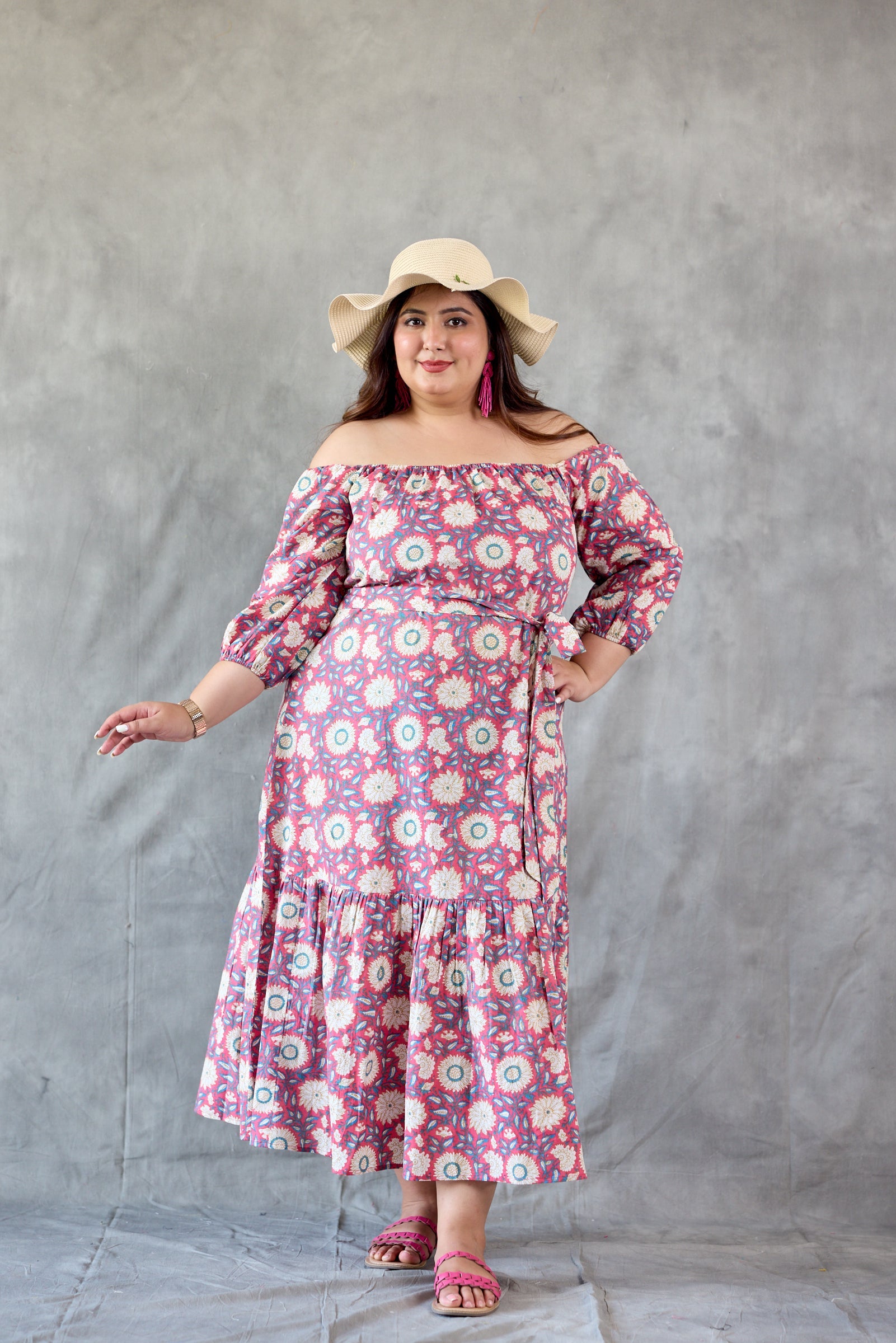 Women's Pink Floral Printed Off Shoulder Maxi Dress - Nangalia Ruchira