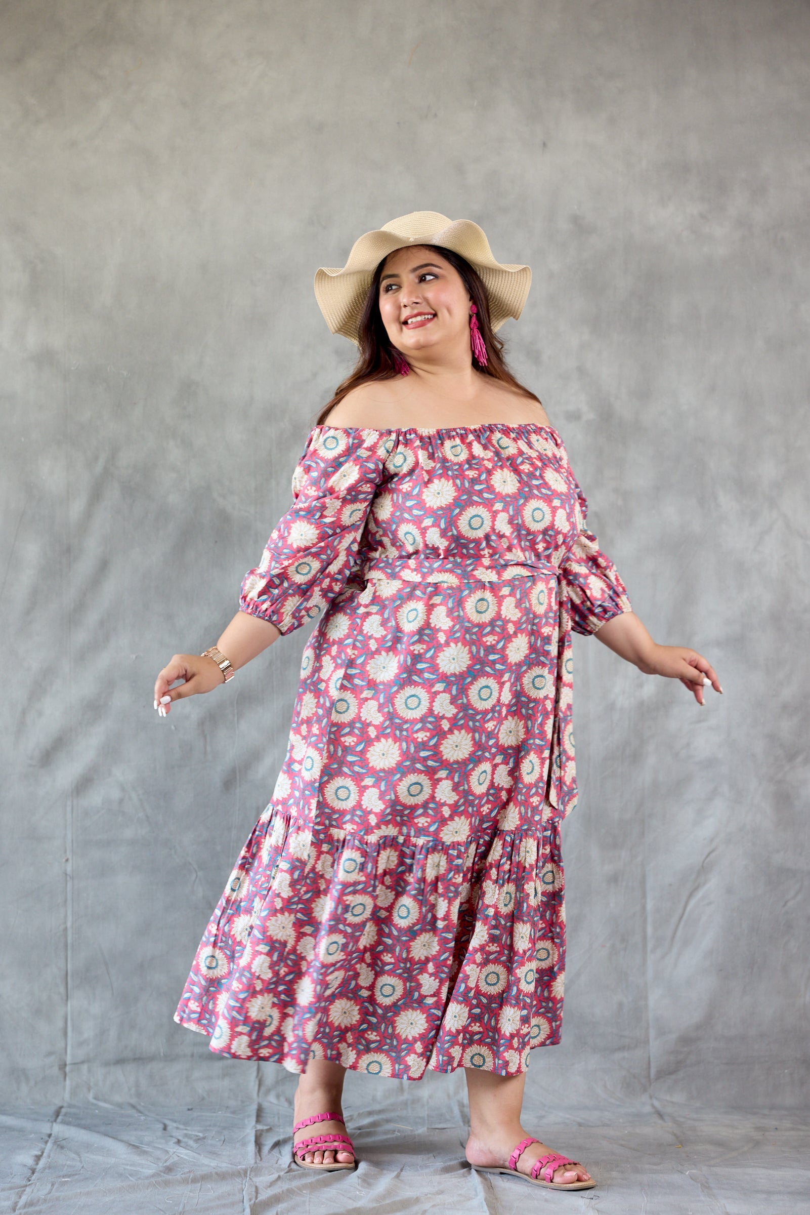 Women's Pink Floral Printed Off Shoulder Maxi Dress - Nangalia Ruchira