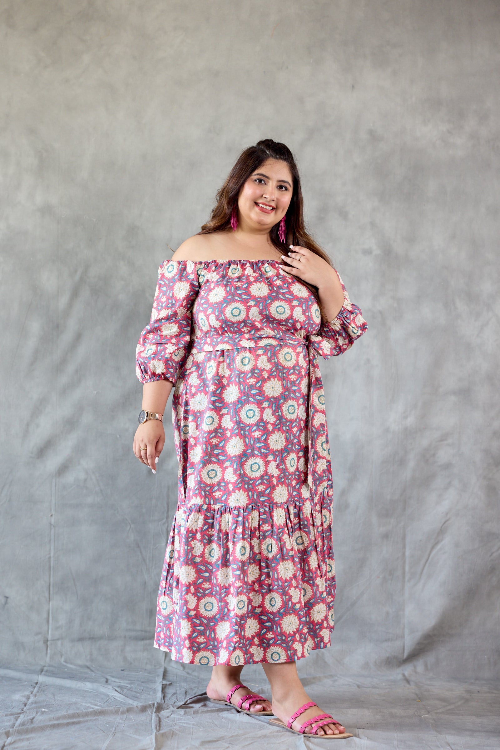 Women's Pink Floral Printed Off Shoulder Maxi Dress - Nangalia Ruchira