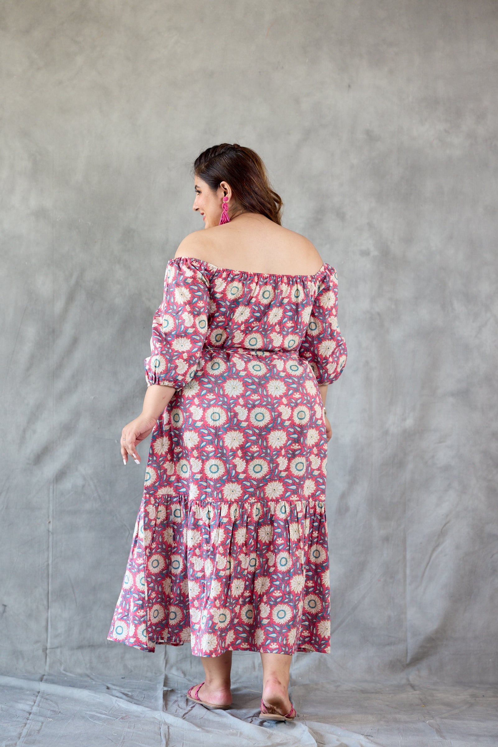 Women's Pink Floral Printed Off Shoulder Maxi Dress - Nangalia Ruchira