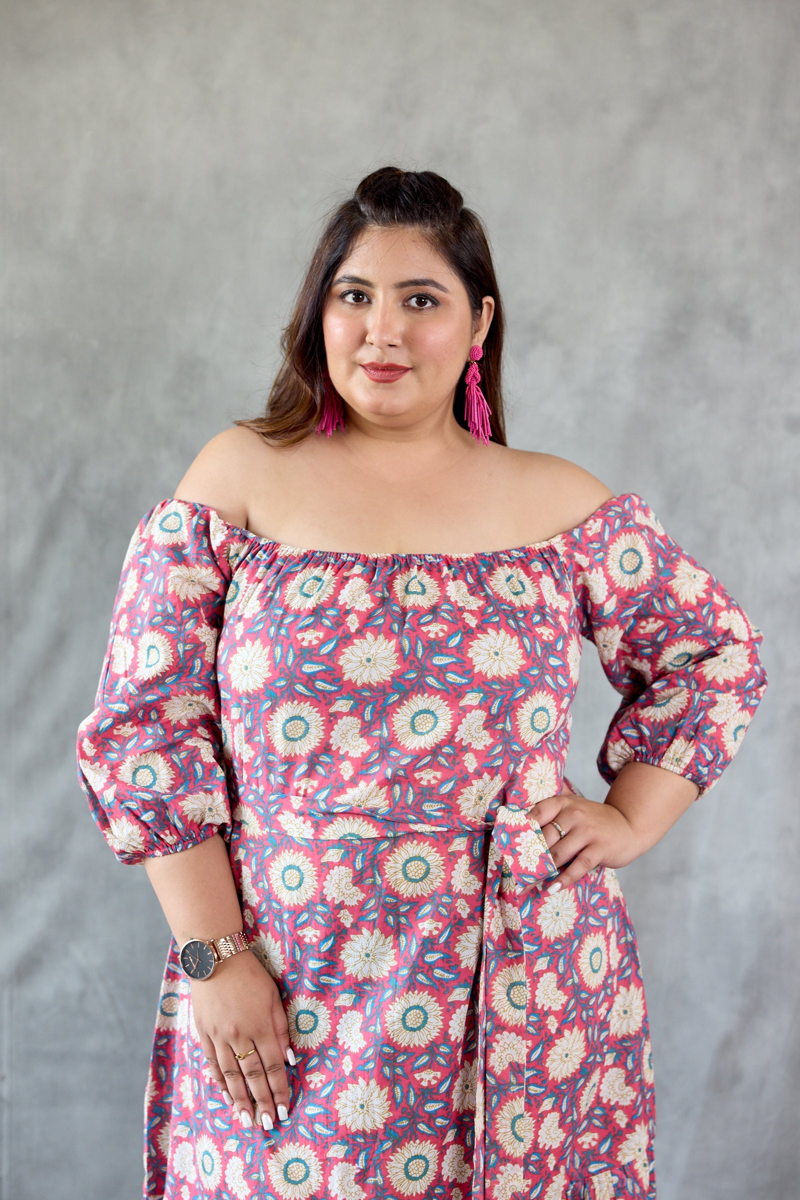 Women's Pink Floral Printed Off Shoulder Maxi Dress - Nangalia Ruchira