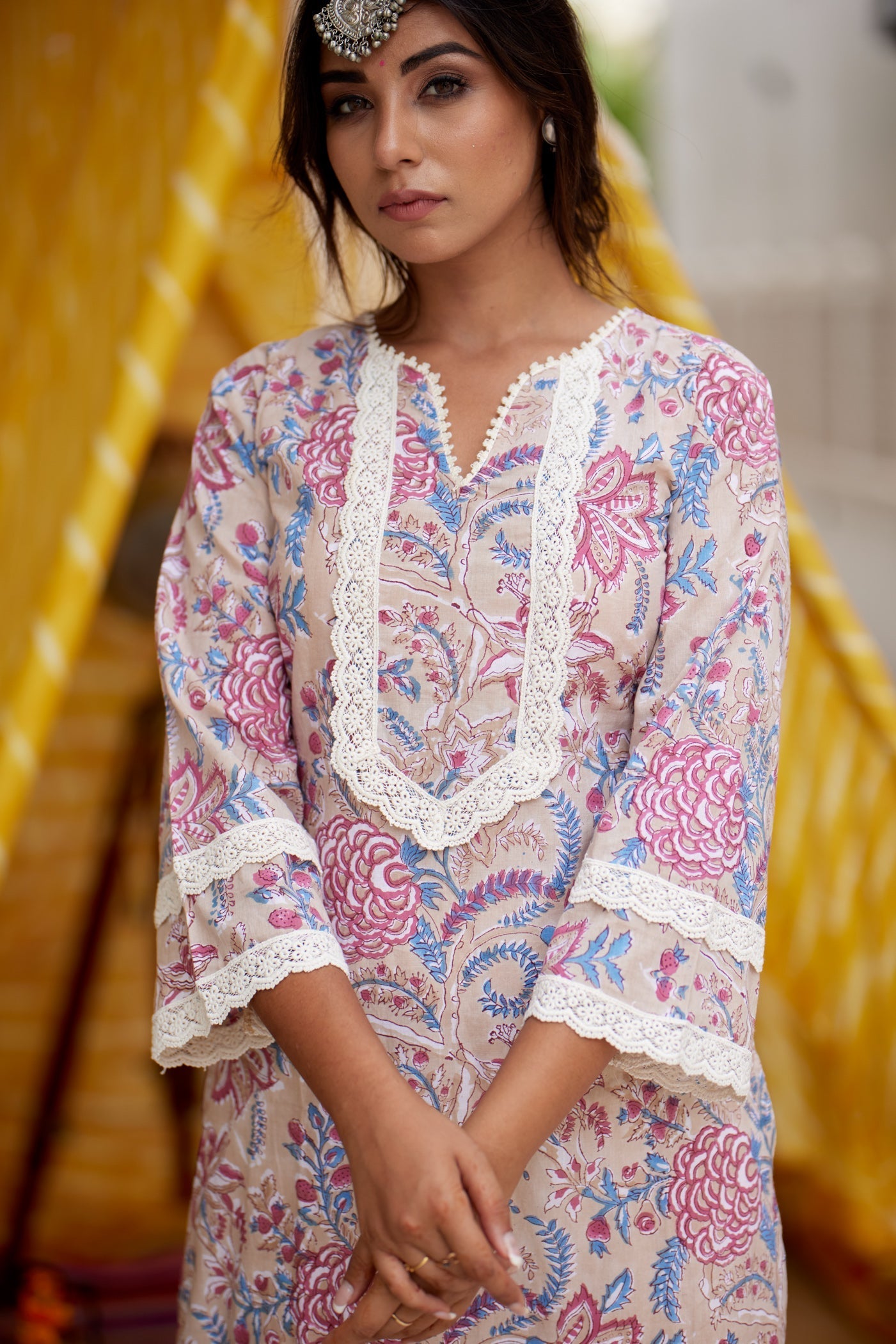 Women's Blush Lace Kurta Set - (Set Of 3) - Nangalia Ruchira