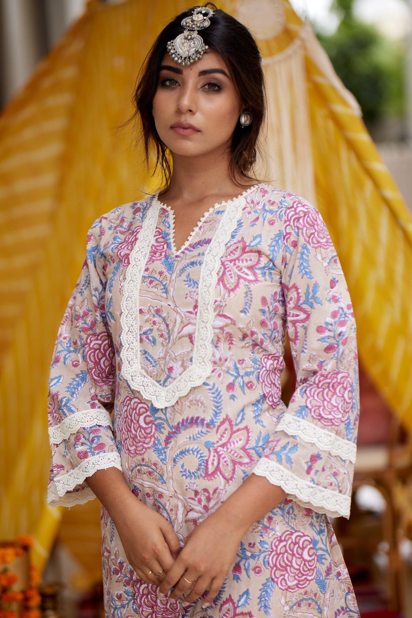 Women's Blush Lace Kurta Set - (Set Of 3) - Nangalia Ruchira