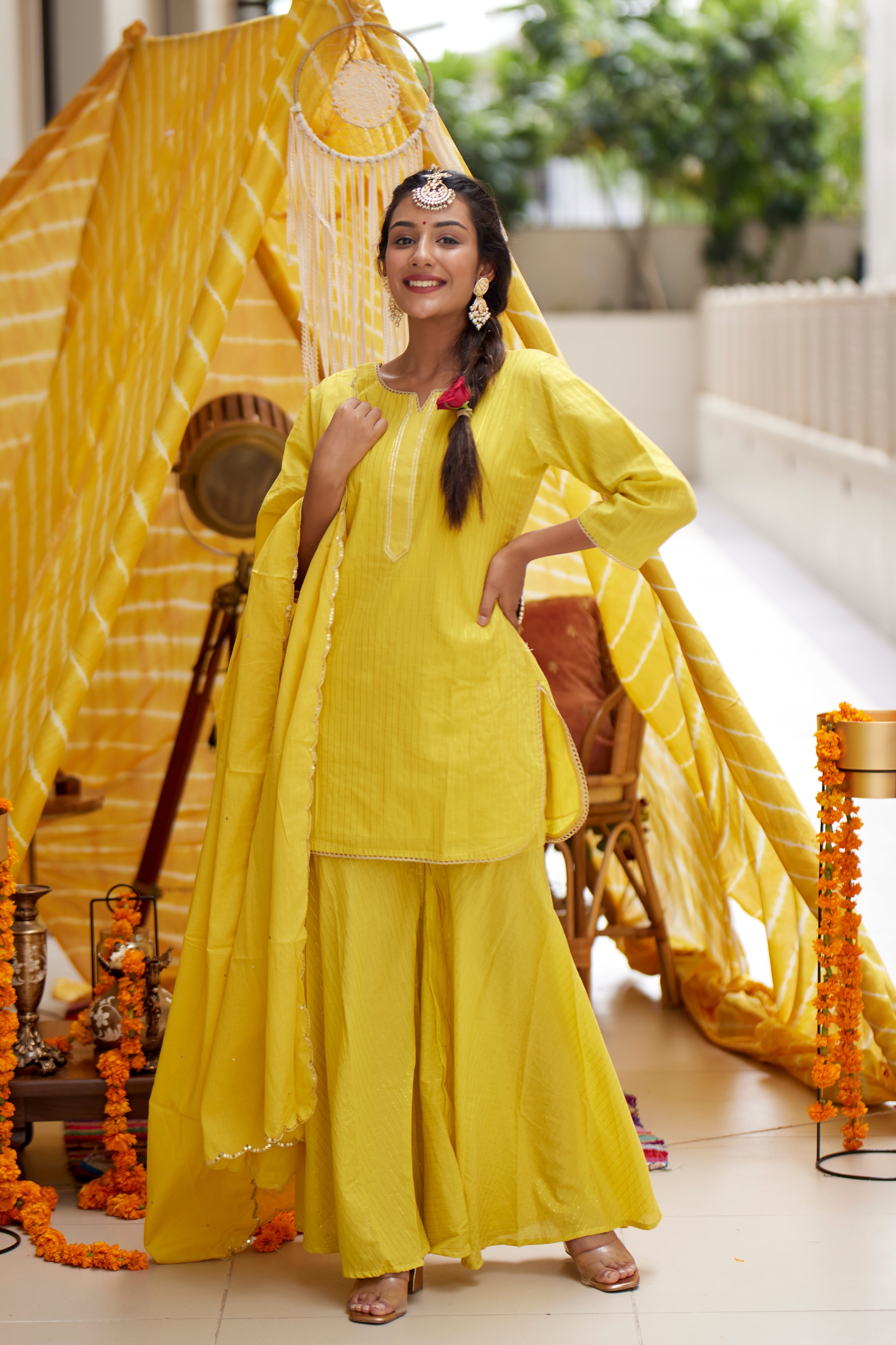 Women's Yellow Zari Kurta Sharara - (Set Of 3) - Nangalia Ruchira
