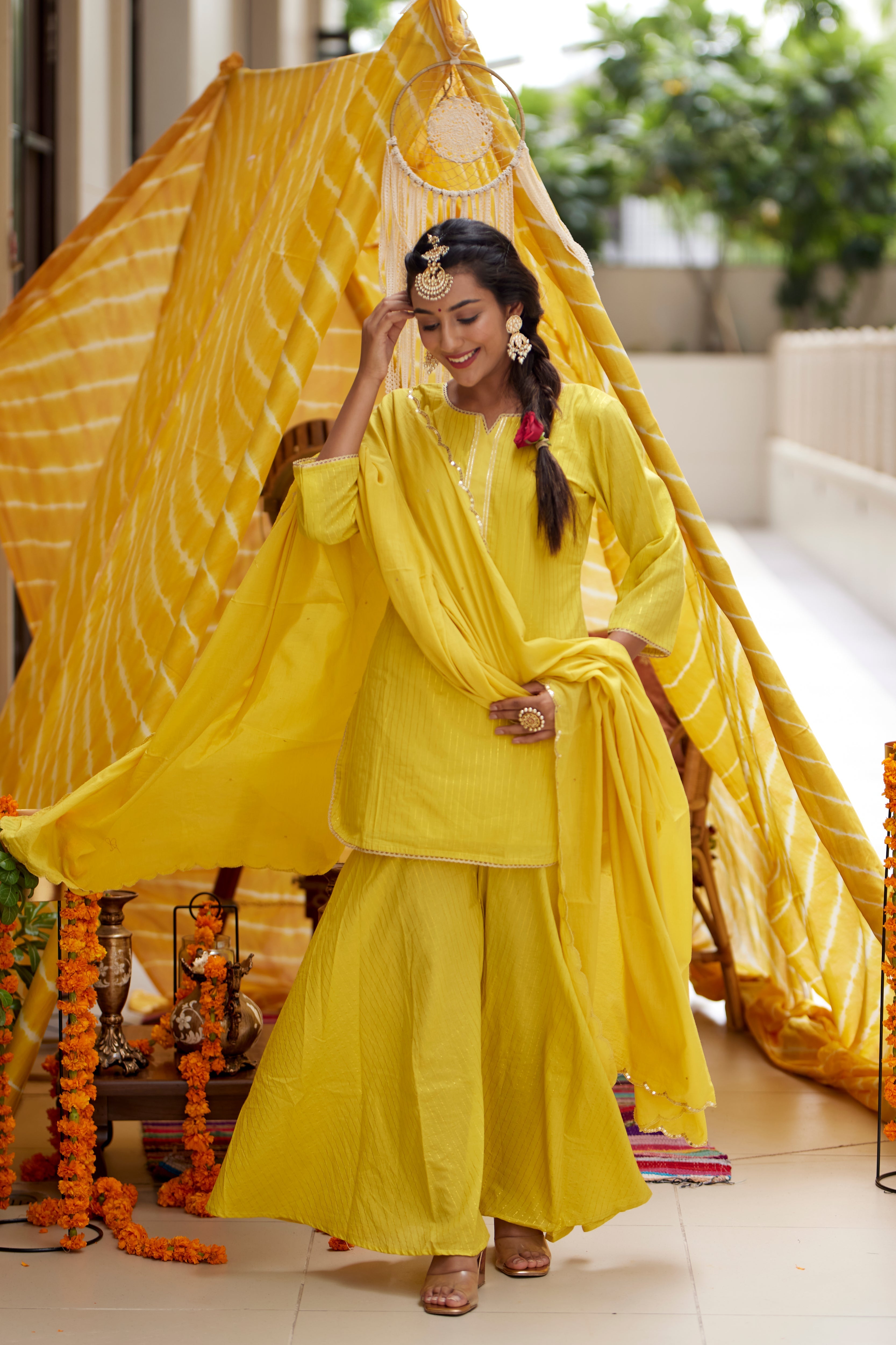 Women's Yellow Zari Kurta Sharara - (Set Of 3) - Nangalia Ruchira