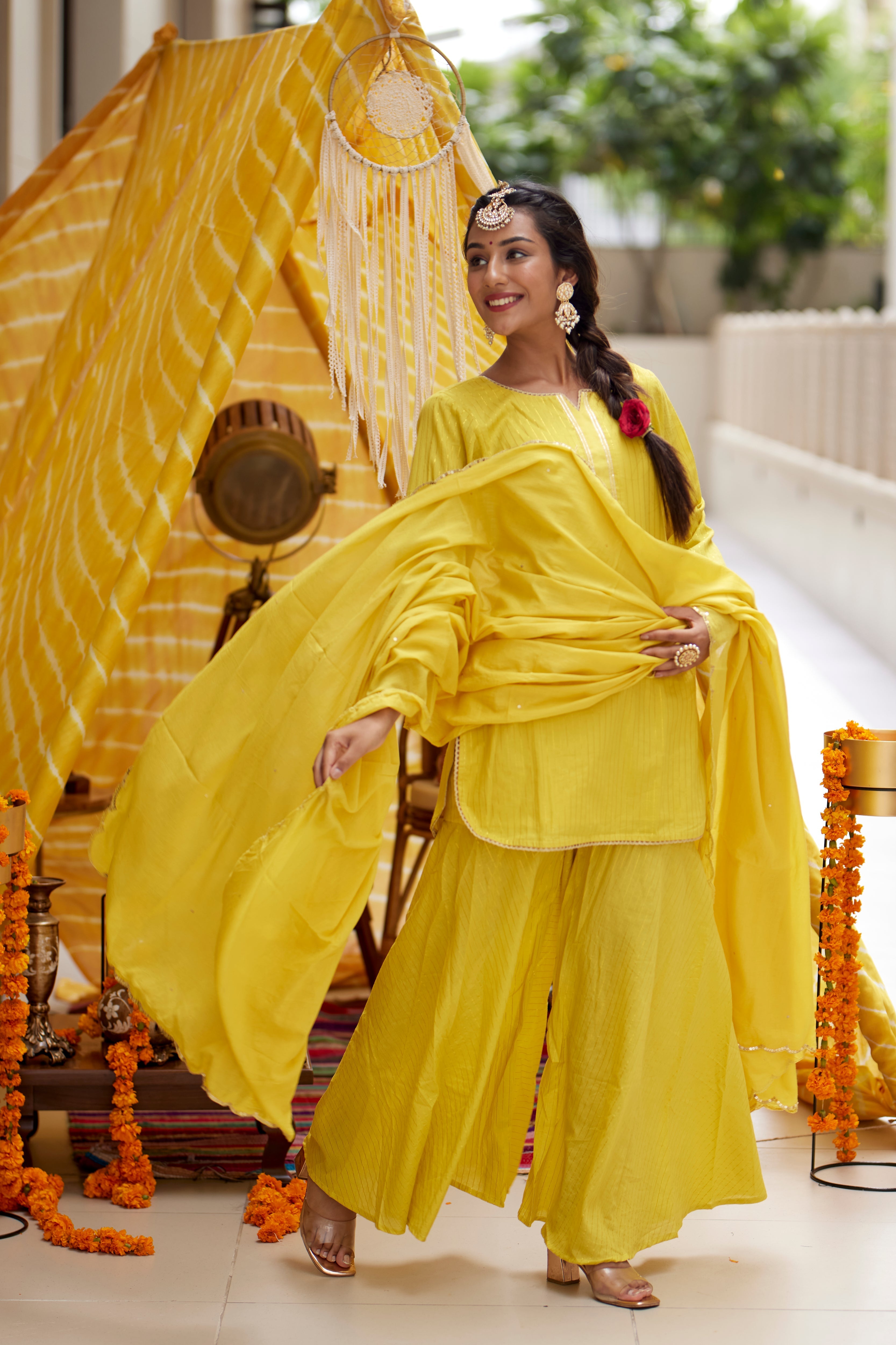 Women's Yellow Zari Kurta Sharara - (Set Of 3) - Nangalia Ruchira