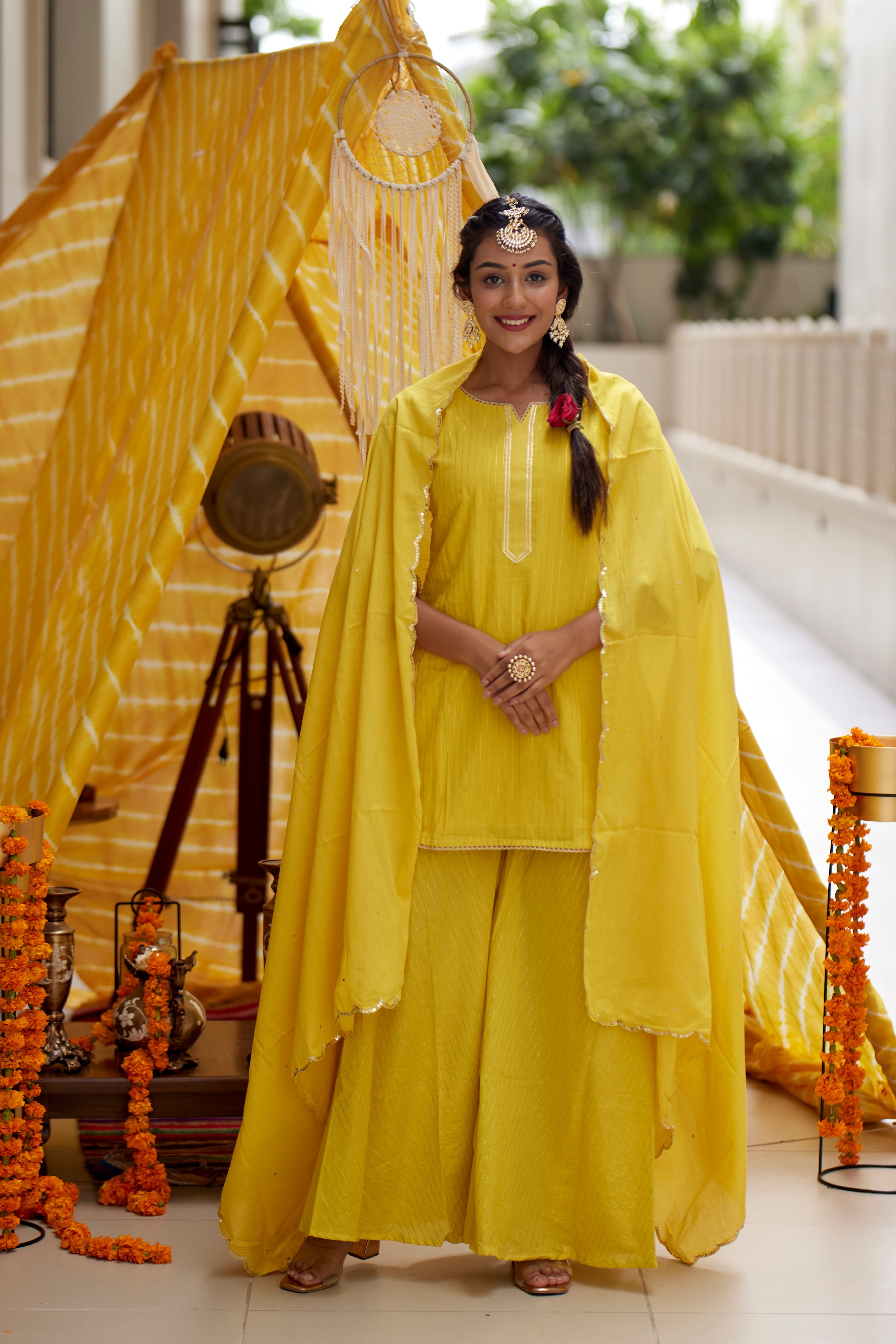 Women's Yellow Zari Kurta Sharara - (Set Of 3) - Nangalia Ruchira