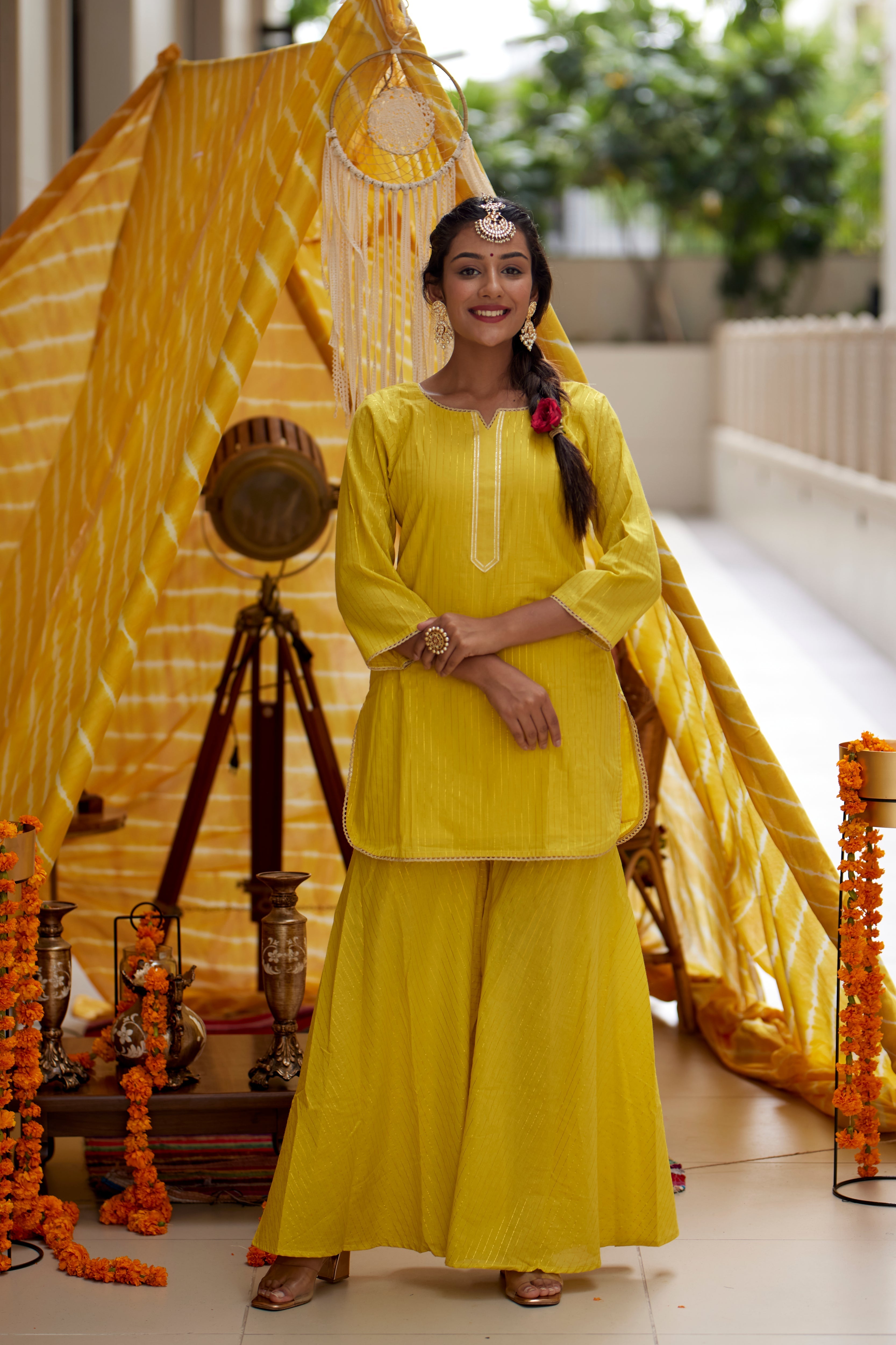 Women's Yellow Zari Kurta Sharara - (Set Of 3) - Nangalia Ruchira