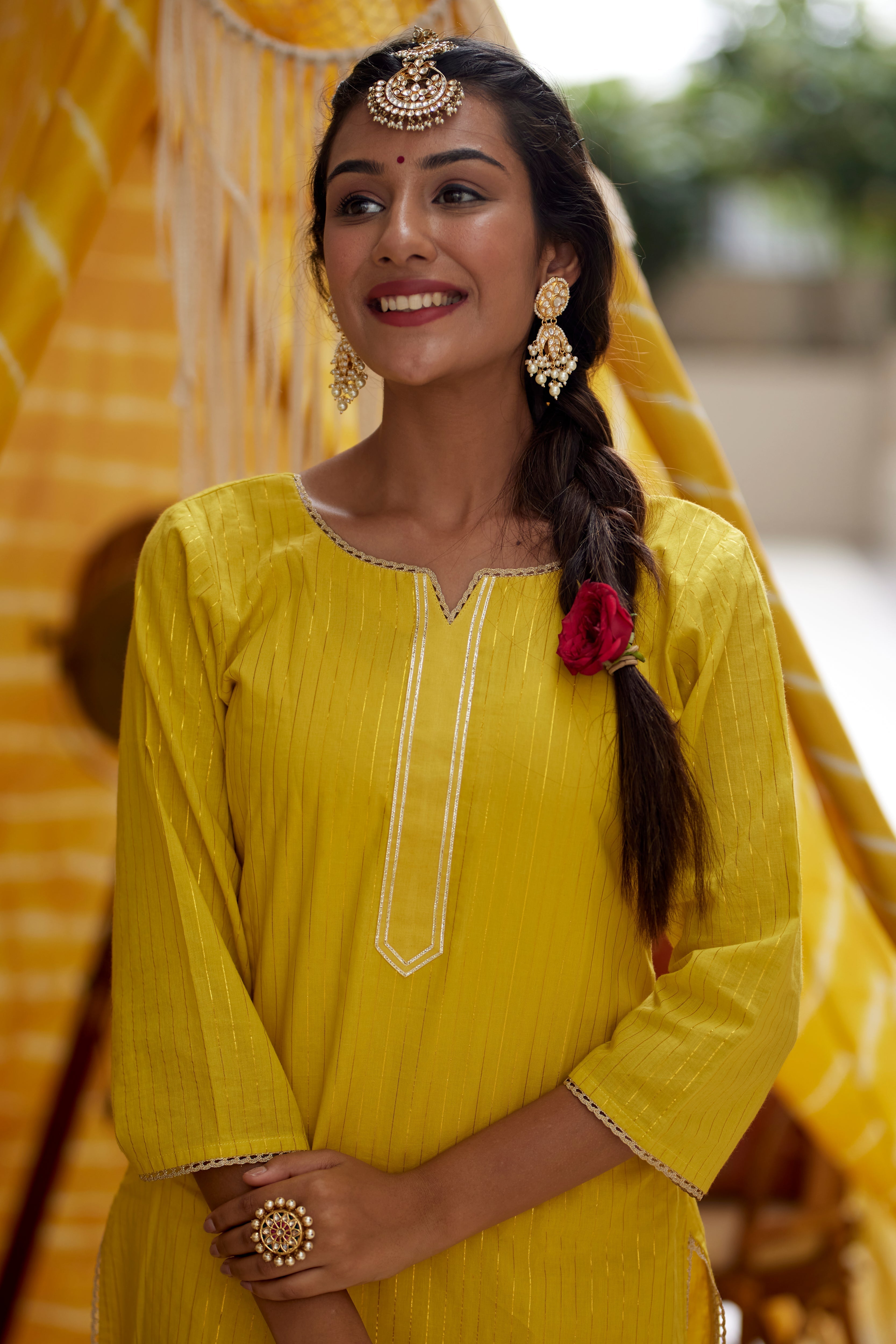 Women's Yellow Zari Kurta Sharara - (Set Of 3) - Nangalia Ruchira