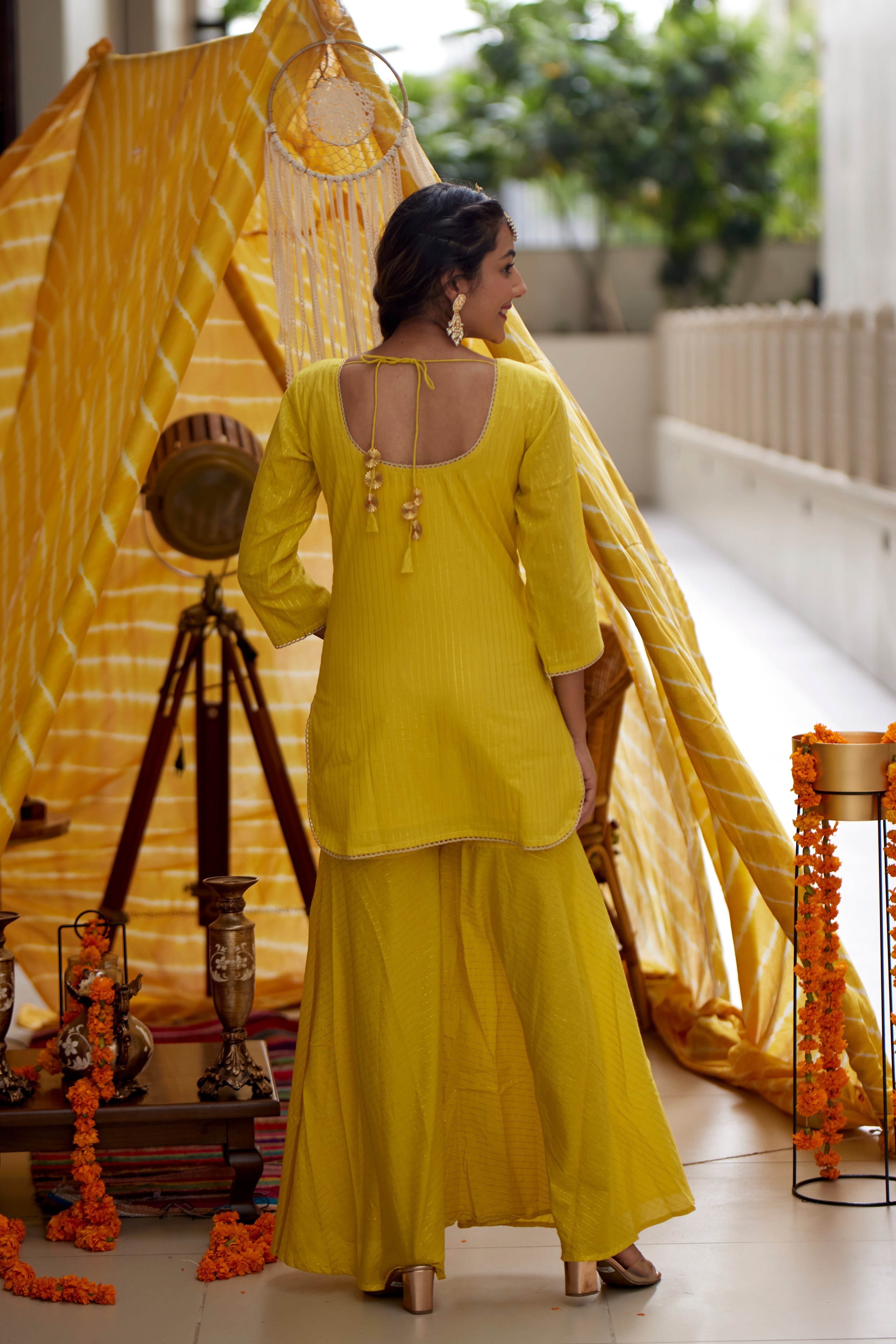 Women's Yellow Zari Kurta Sharara - (Set Of 3) - Nangalia Ruchira