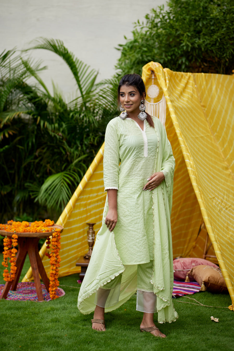 Women's Mint Kurta Pant Set - (Set Of 3) - Nangalia Ruchira