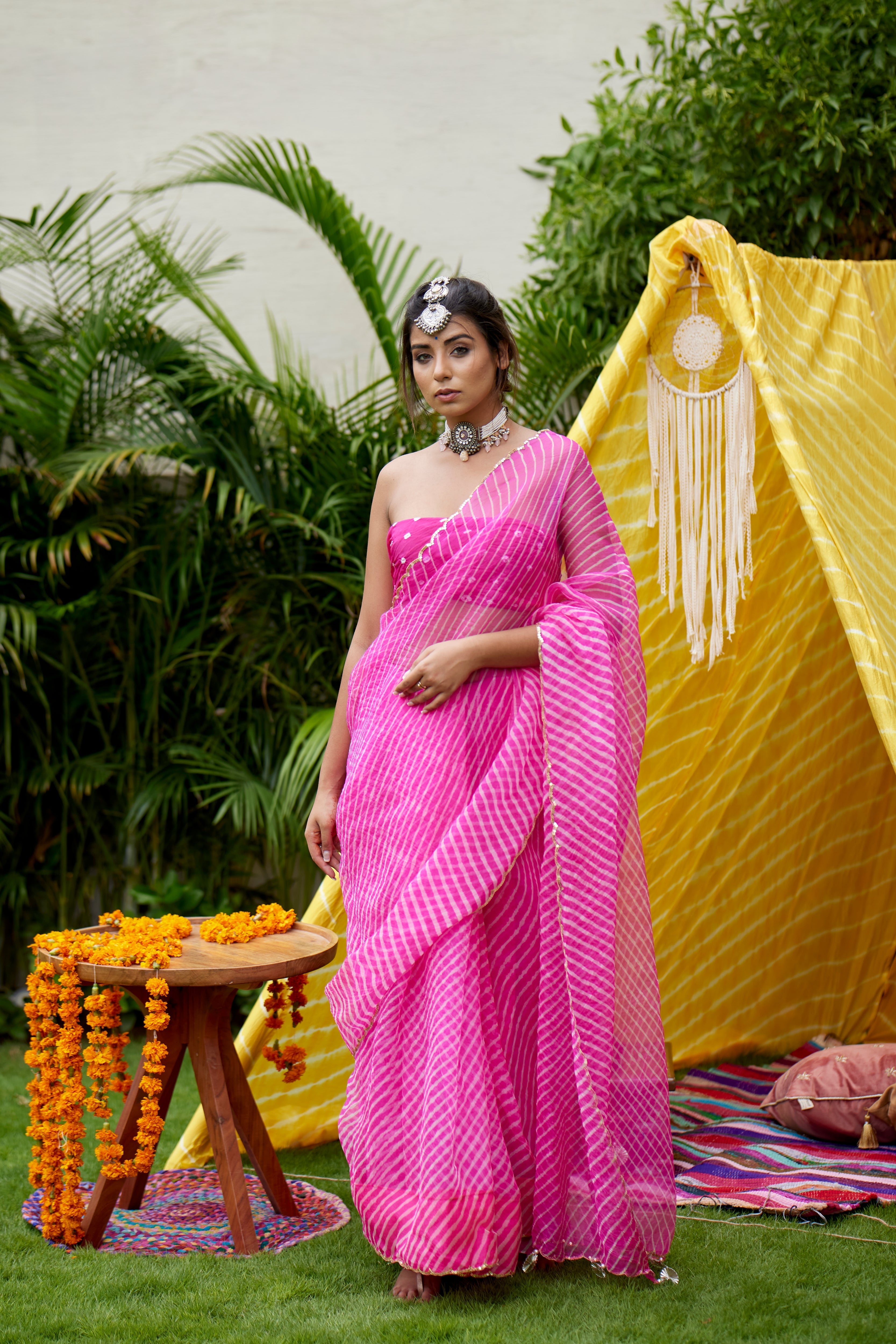 Women's Hot Pink Organza Leheriya Saree - Nangalia Ruchira