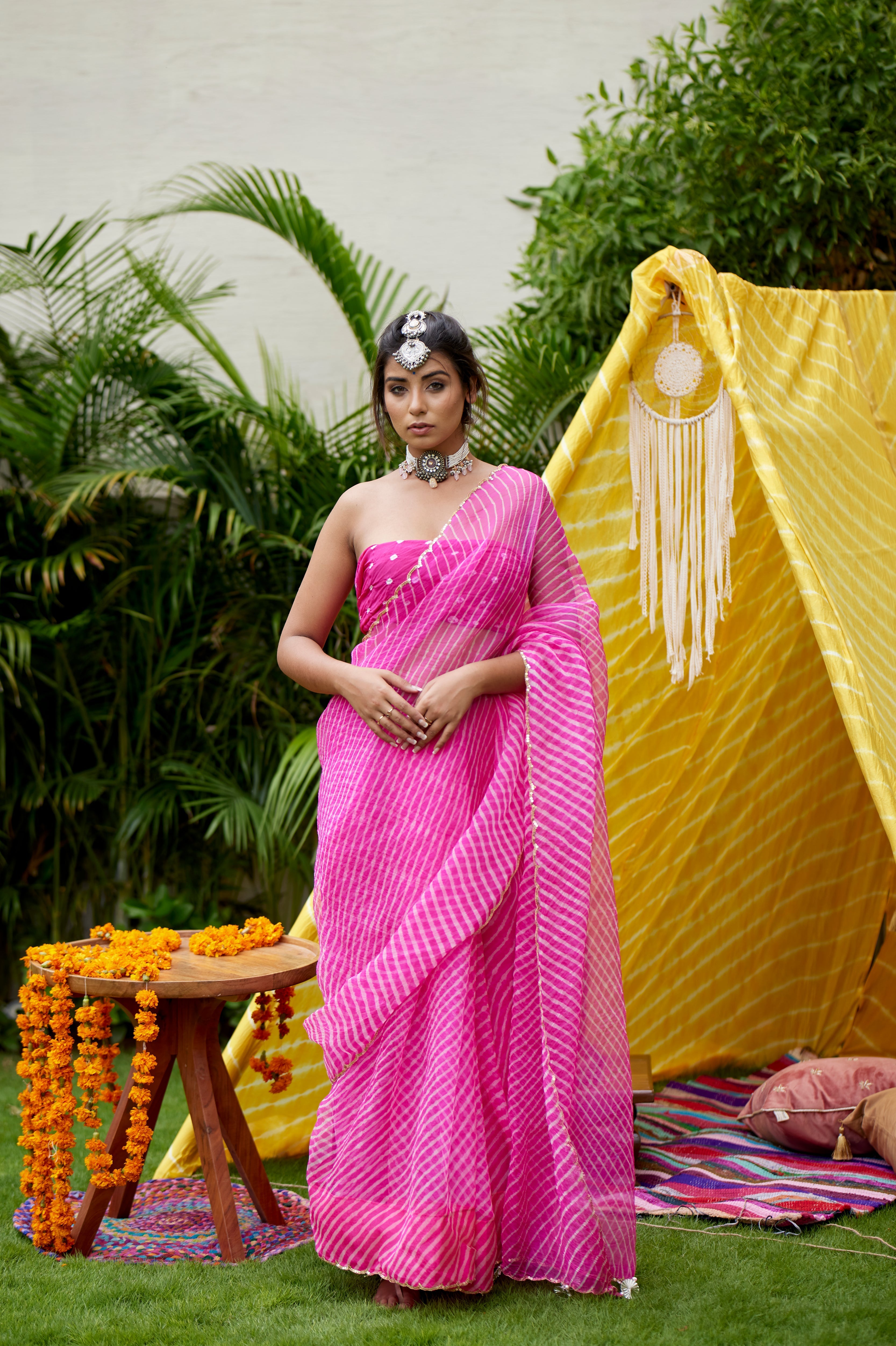 Women's Hot Pink Organza Leheriya Saree - Nangalia Ruchira