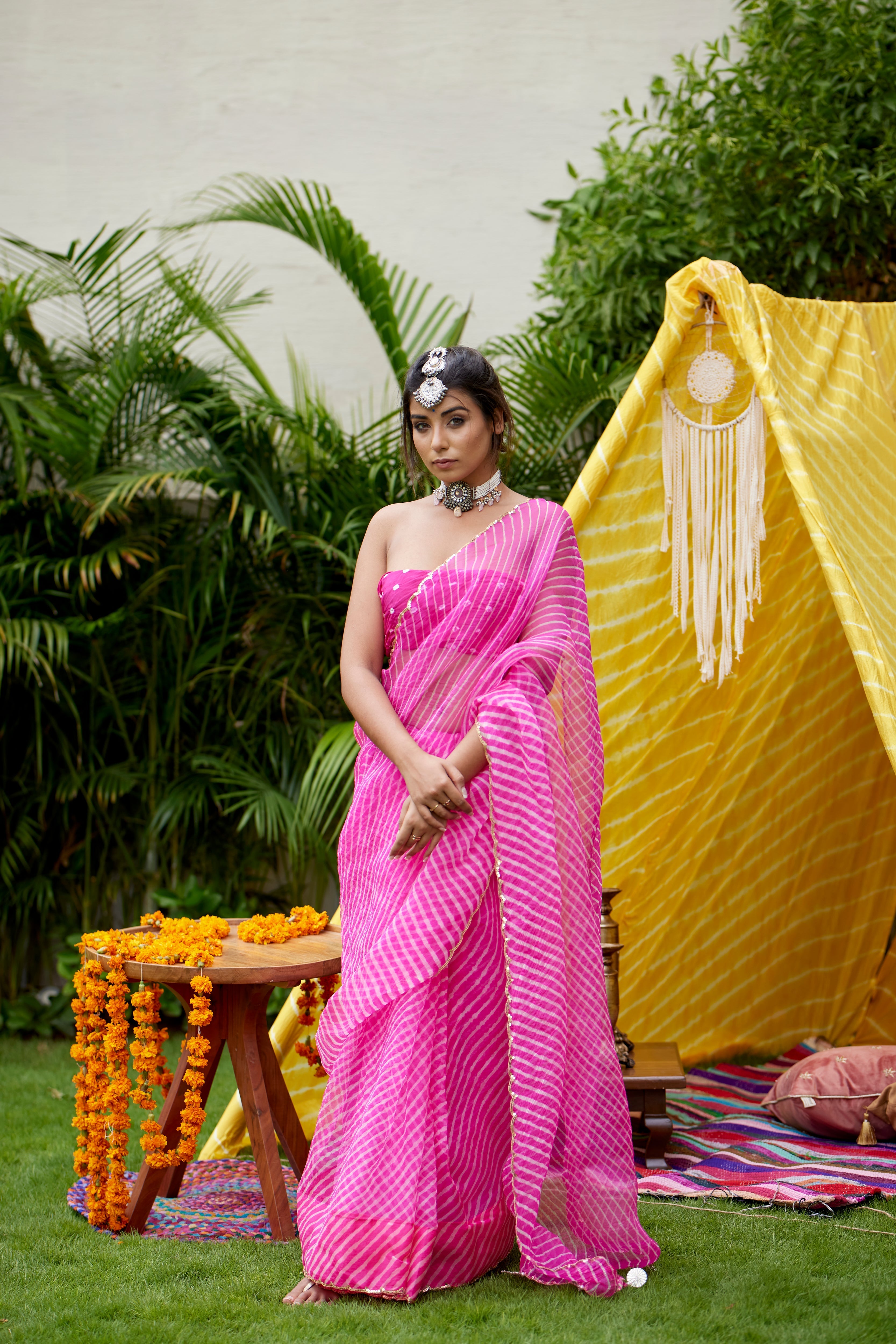 Women's Hot Pink Organza Leheriya Saree - Nangalia Ruchira