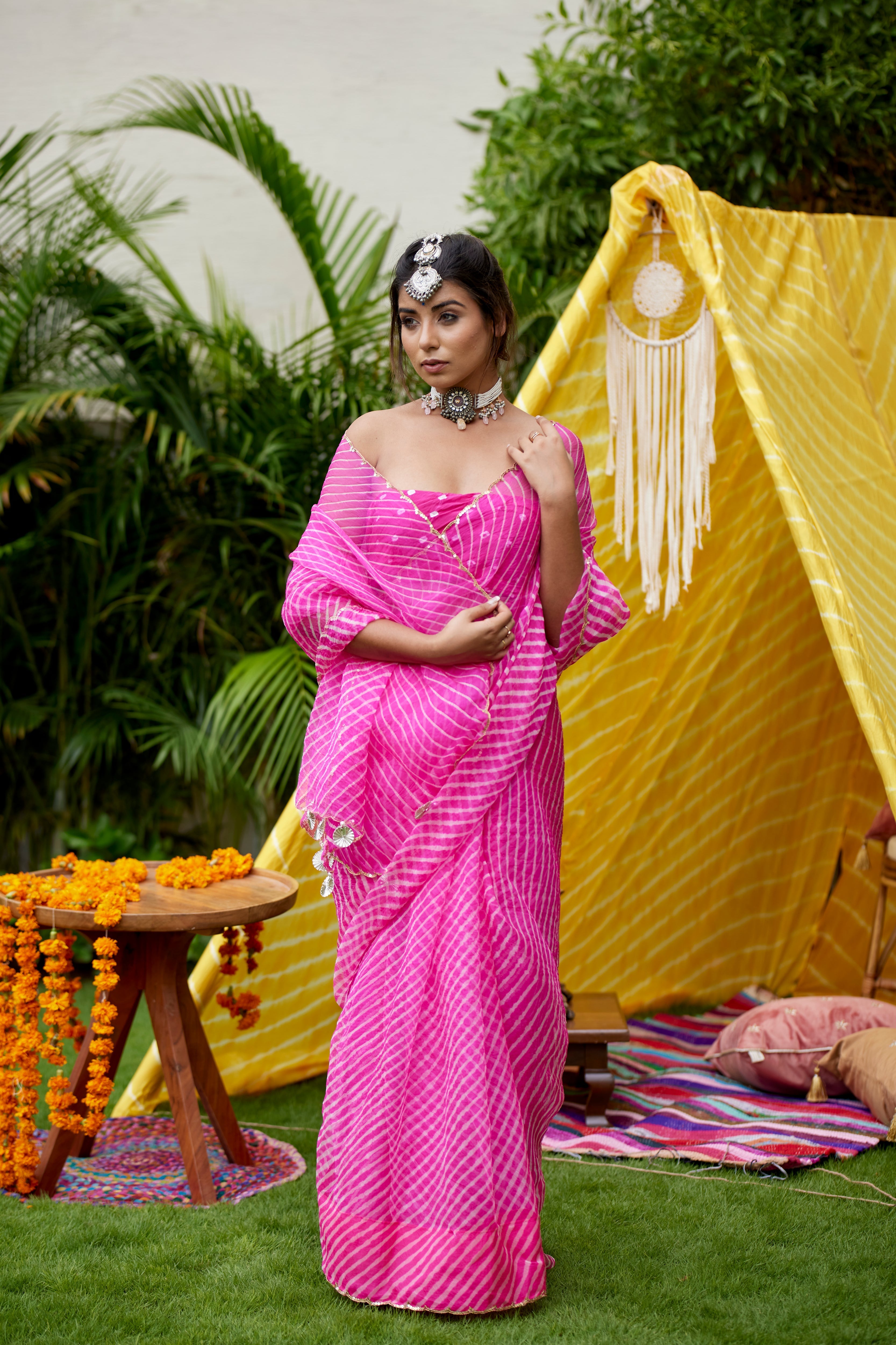 Women's Hot Pink Organza Leheriya Saree - Nangalia Ruchira