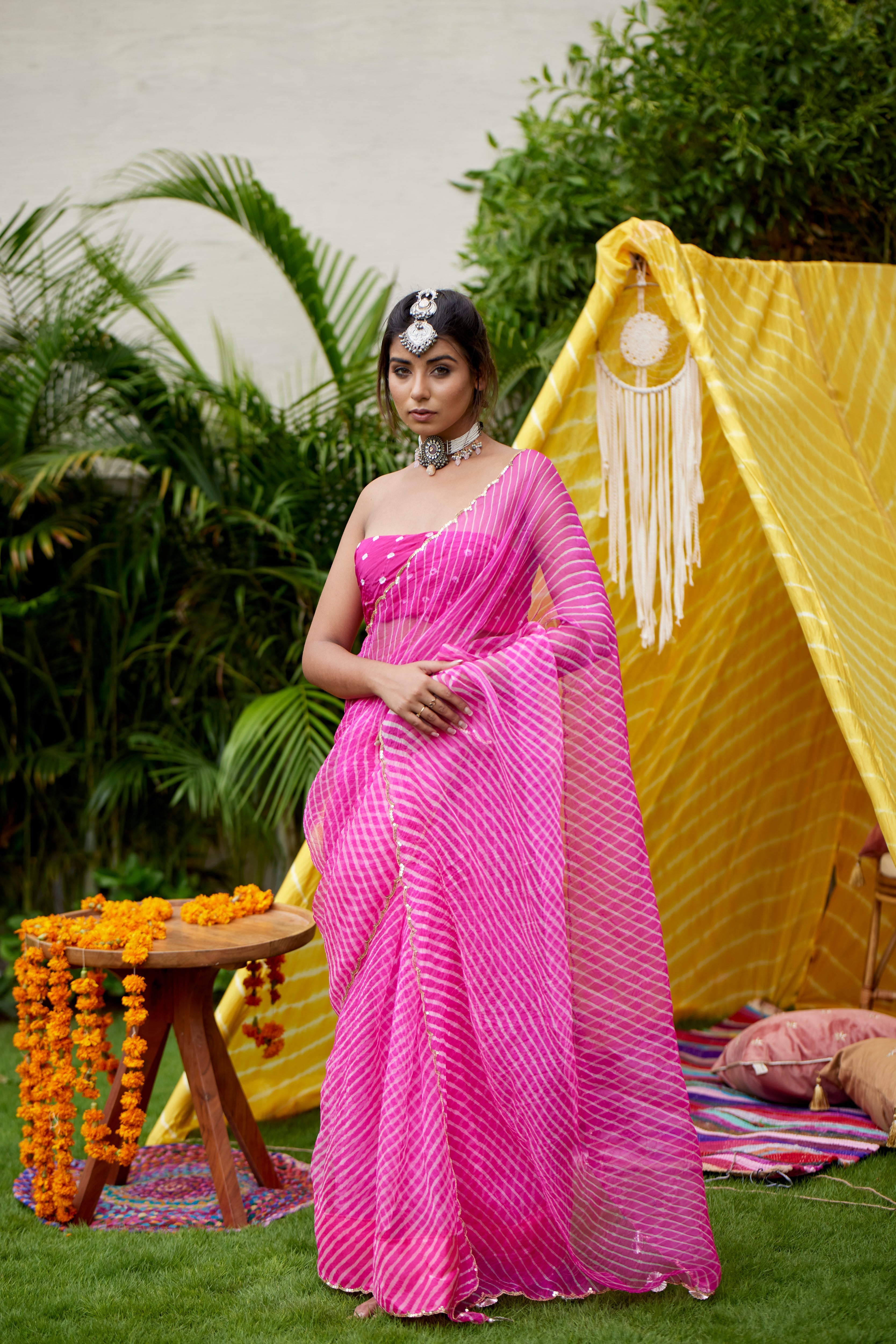 Women's Hot Pink Organza Leheriya Saree - Nangalia Ruchira