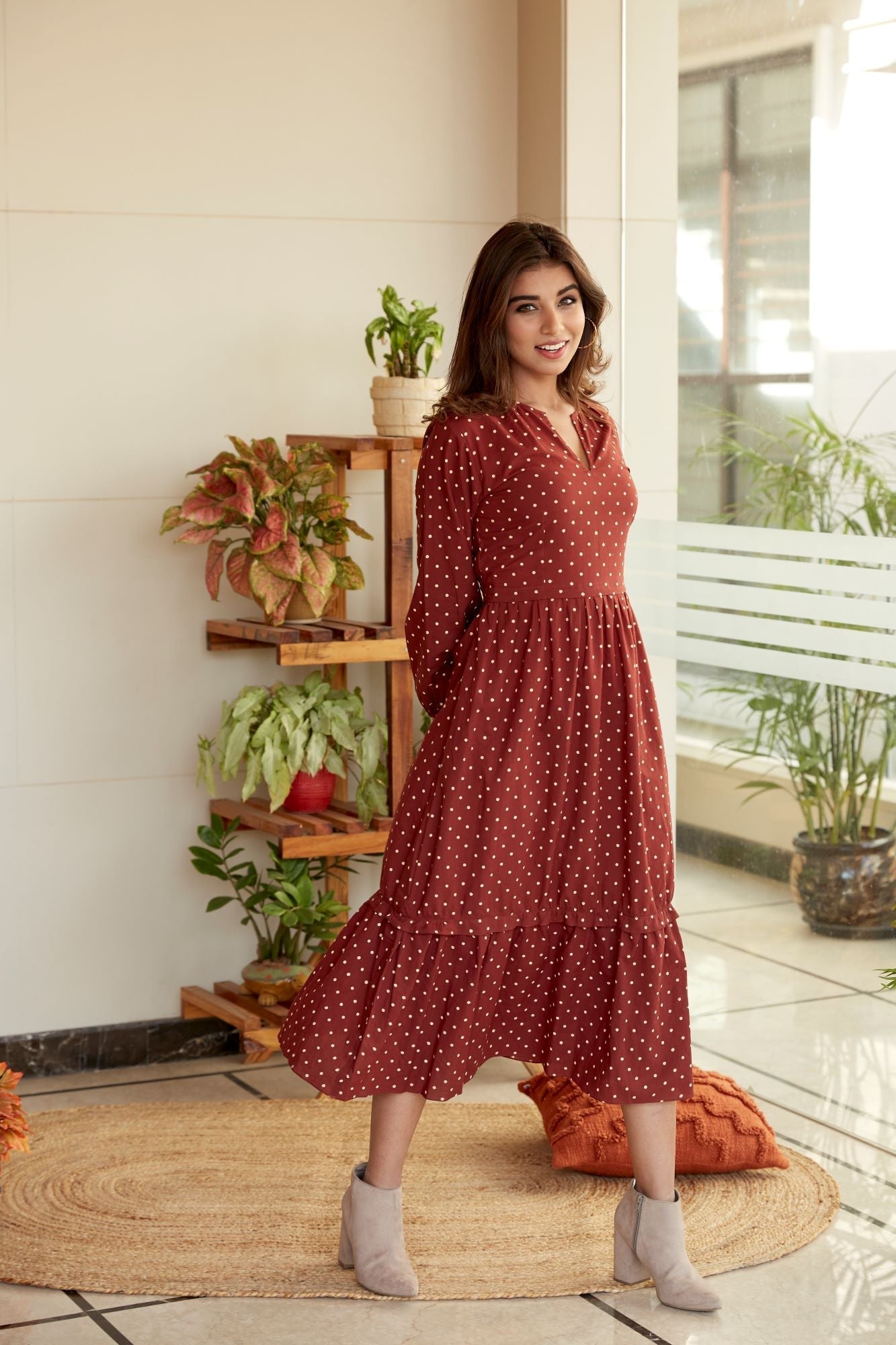 Women's Maroon Polka Dot Midi Dress - Nangalia Ruchira