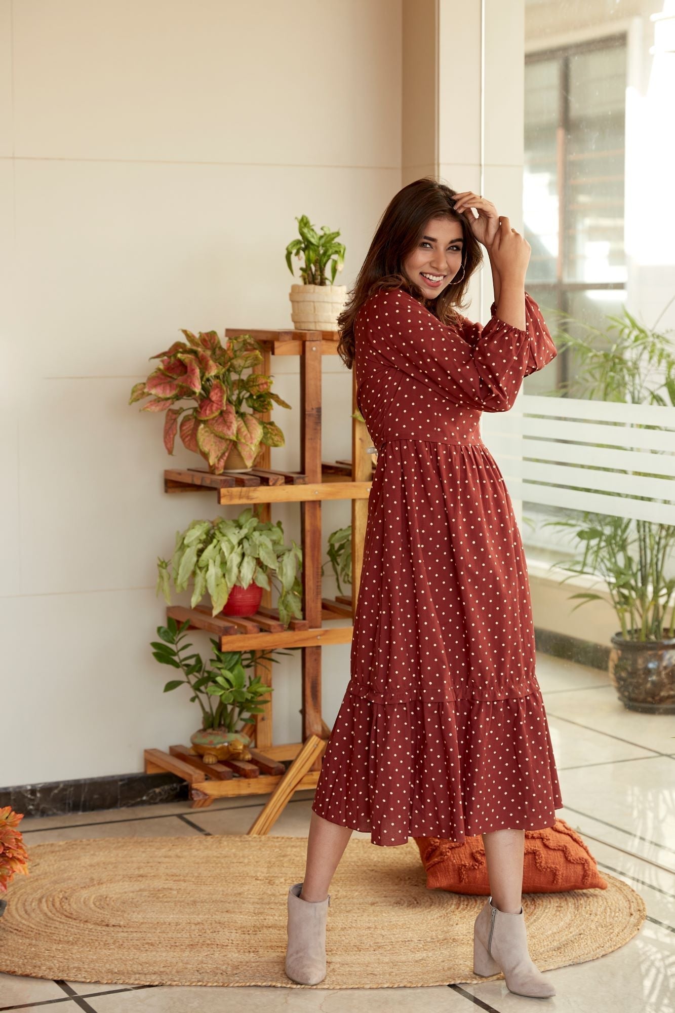 Women's Maroon Polka Dot Midi Dress - Nangalia Ruchira