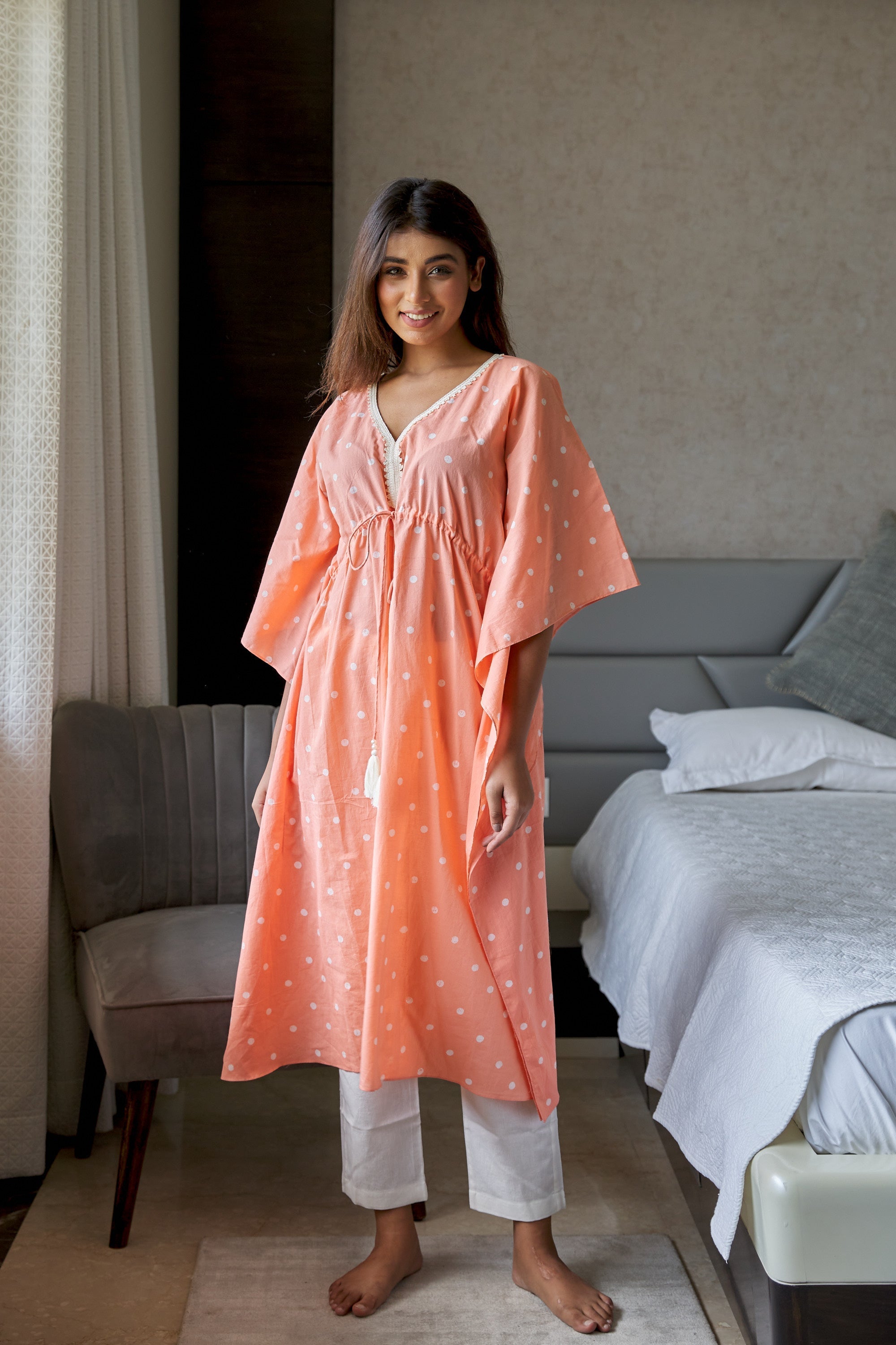 Women's Peach Polka Cotton Kaftan Set - Nangalia Ruchira