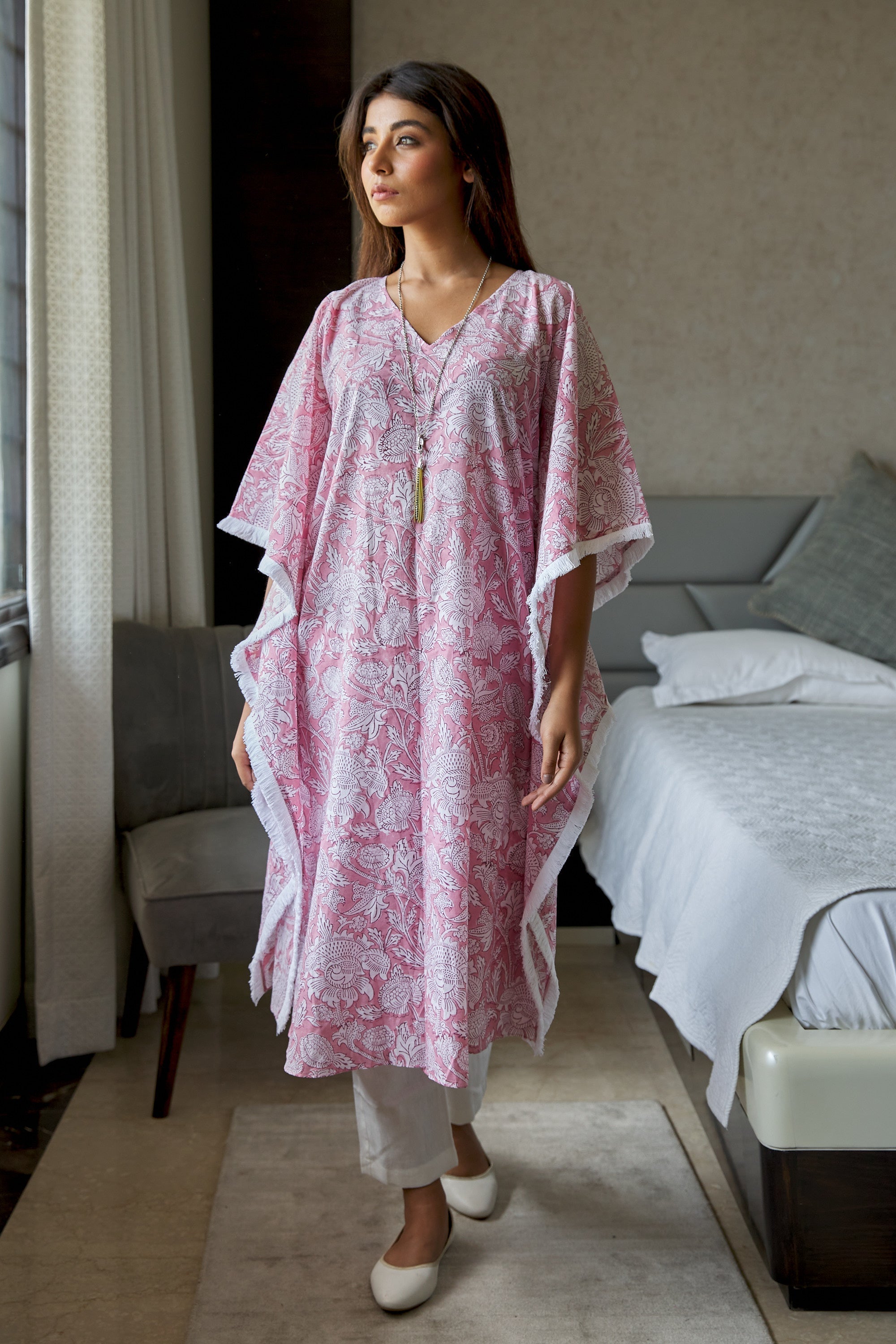 Women's Pink Floral Kaftan Printed V-Neck Co-Ord Set - (Set Of 2) - Nangalia Ruchira