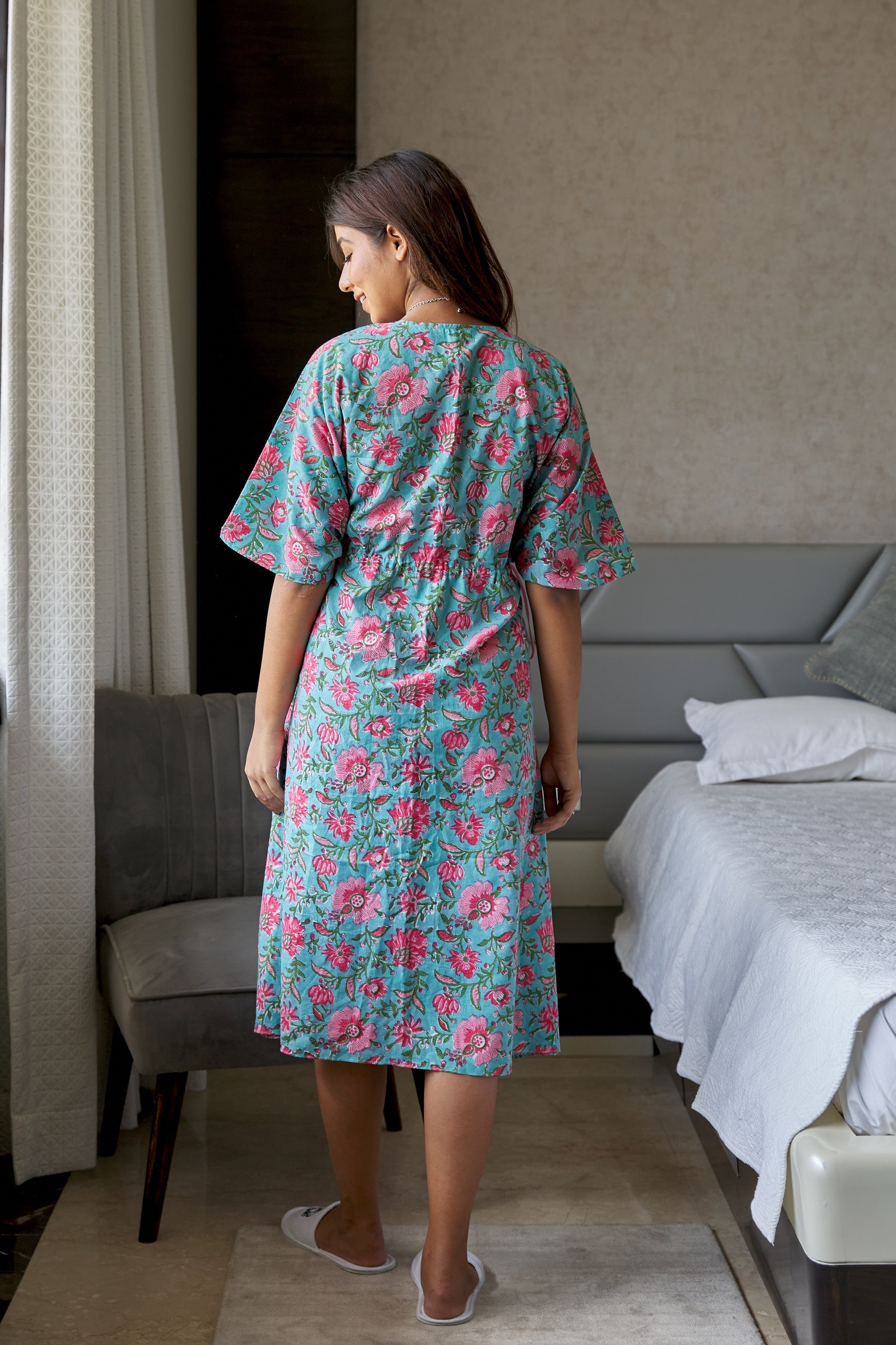Women's Blue Floral Cotton Kaftan Dress - Nangalia Ruchira