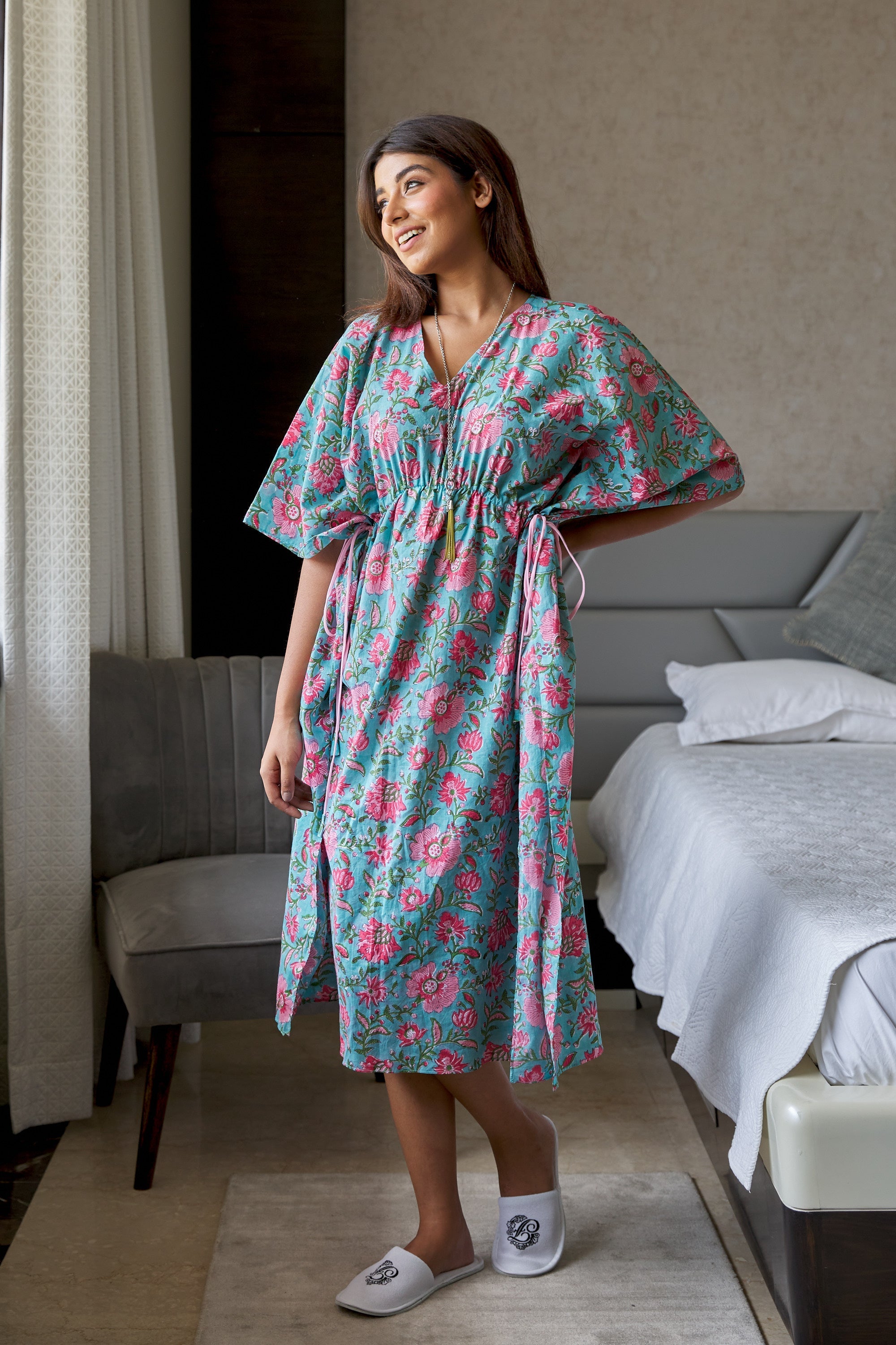 Women's Blue Floral Cotton Kaftan Dress - Nangalia Ruchira