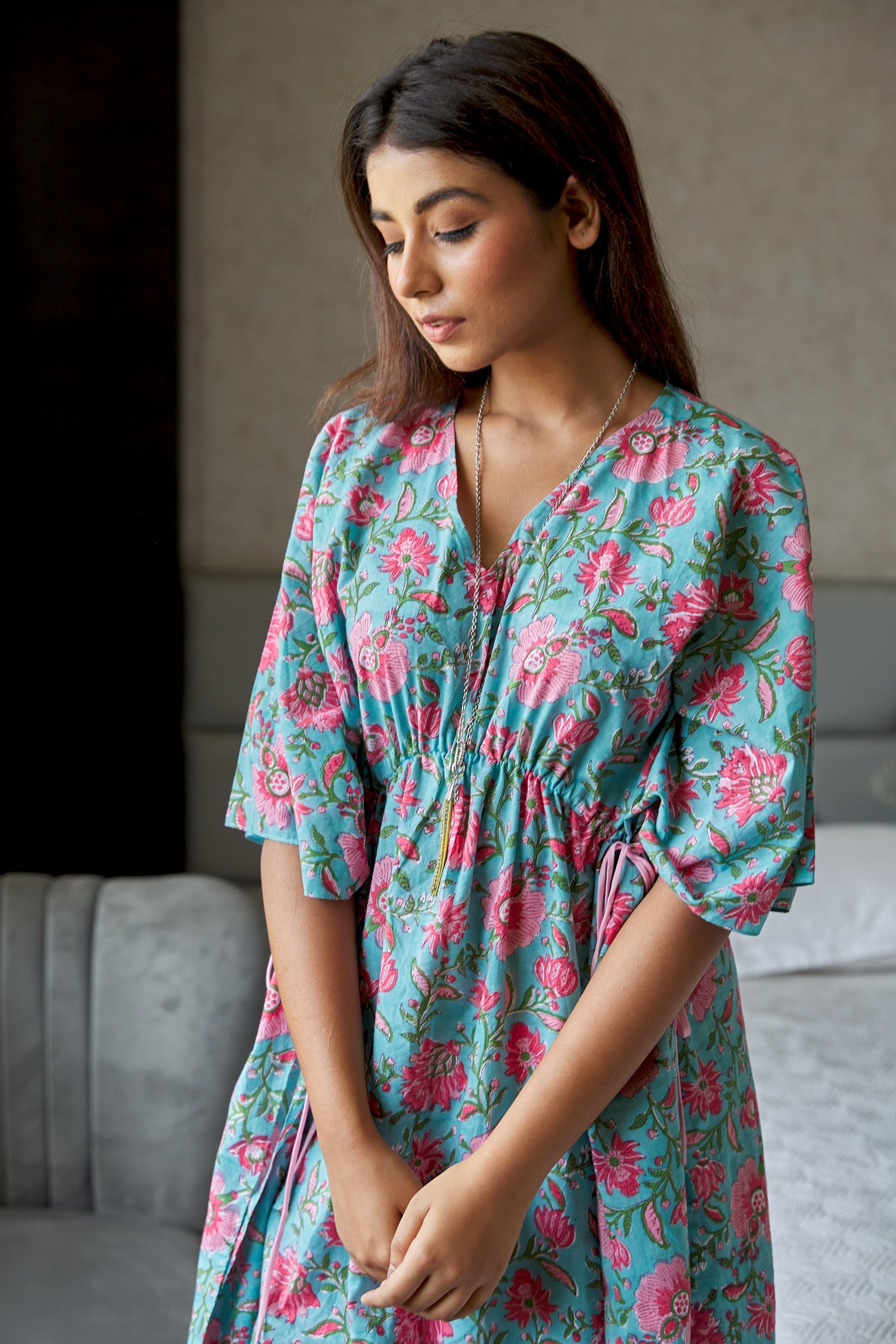 Women's Blue Floral Cotton Kaftan Dress - Nangalia Ruchira