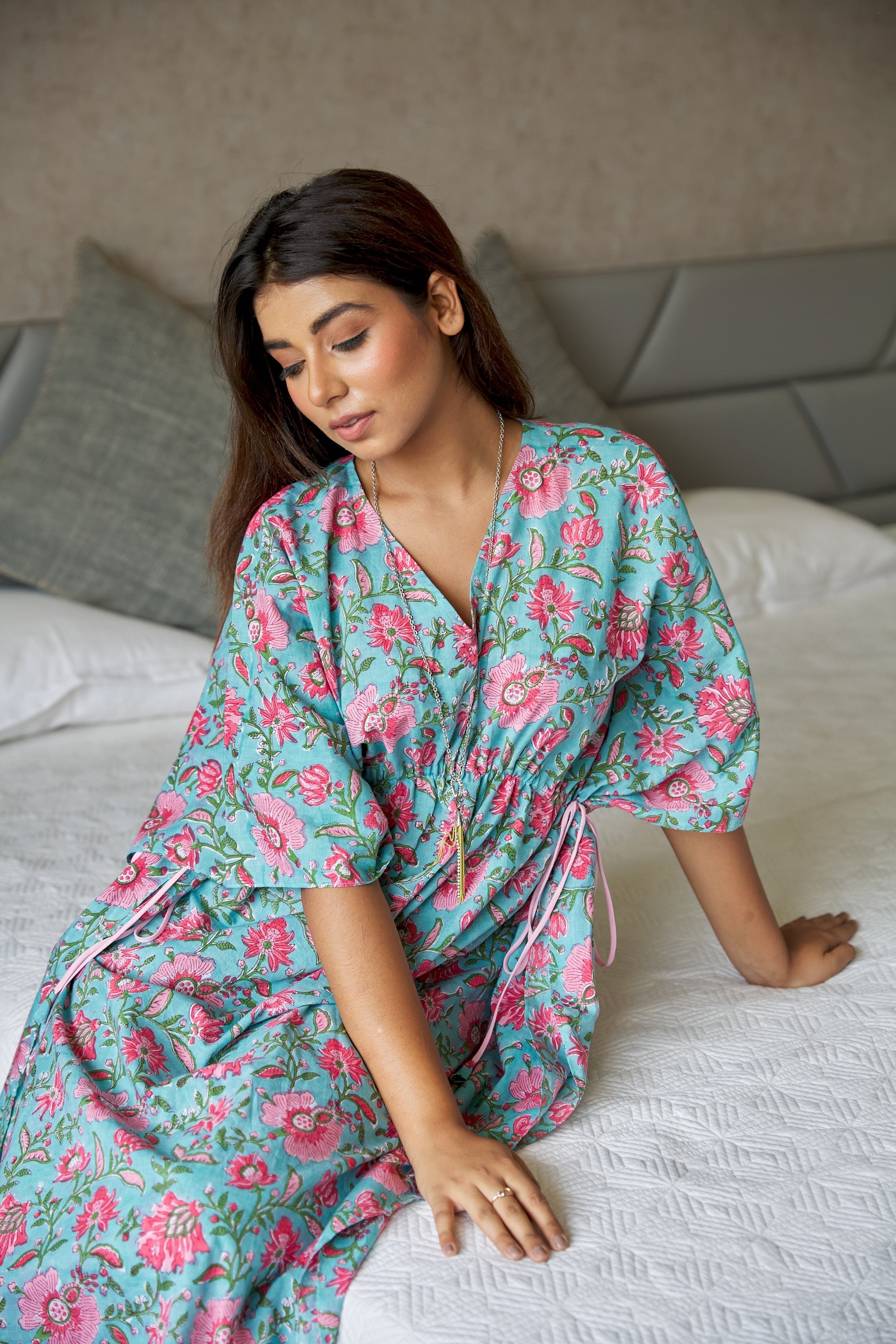 Women's Blue Floral Cotton Kaftan Dress - Nangalia Ruchira