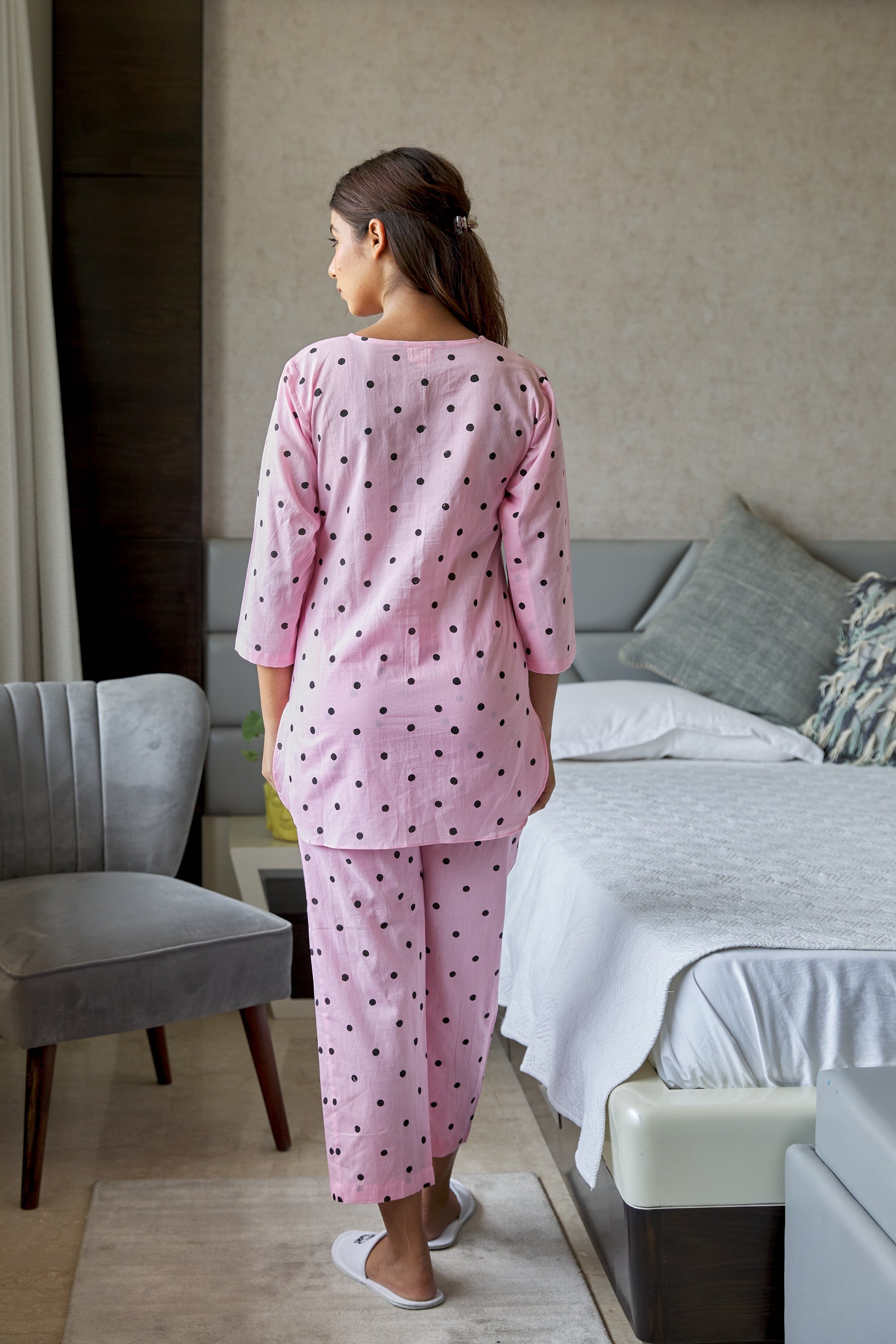Women's Cotton Baby Pink V Neck Polka Dot Set - Nangalia Ruchira