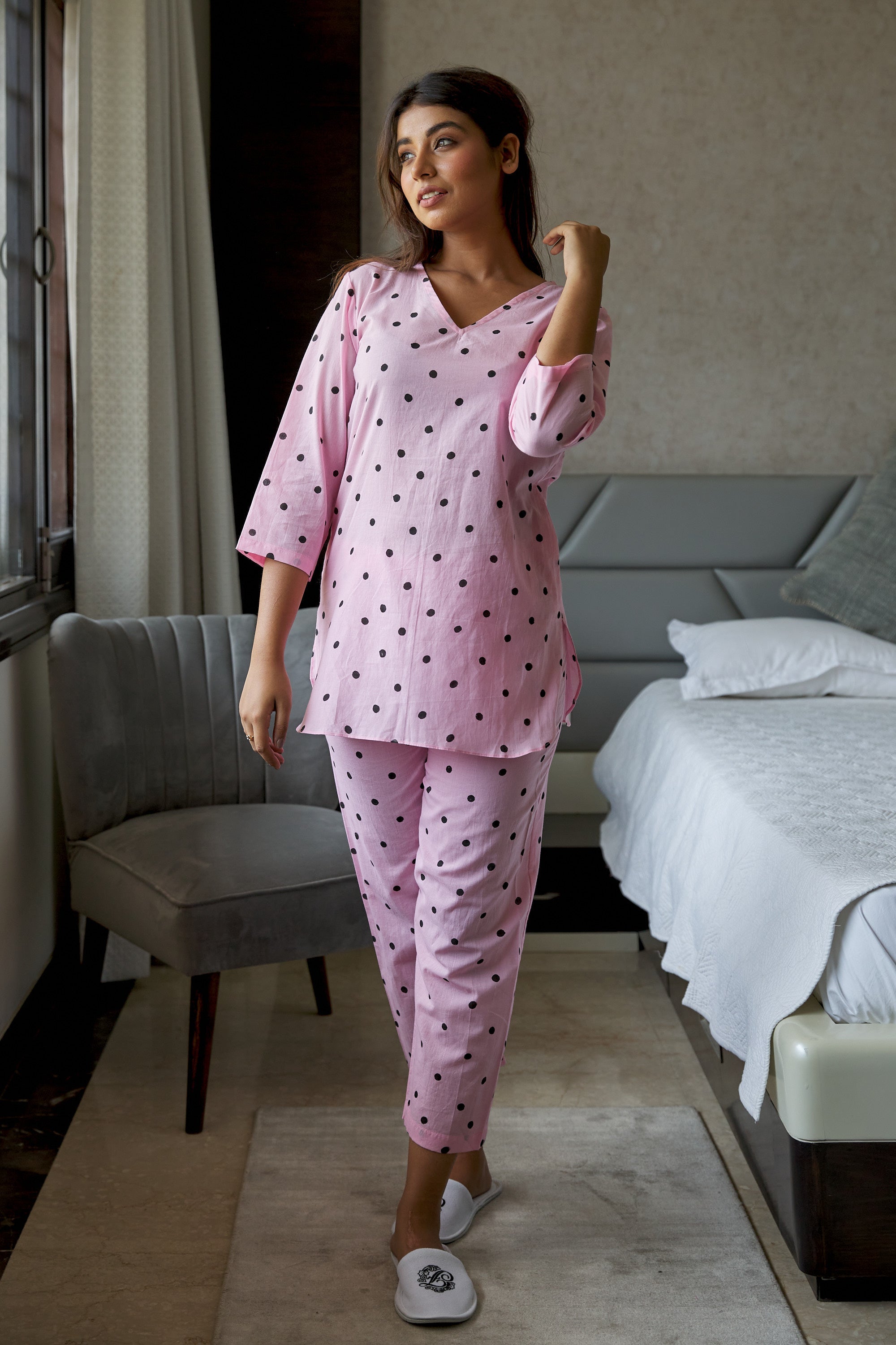 Women's Cotton Baby Pink V Neck Polka Dot Set - Nangalia Ruchira