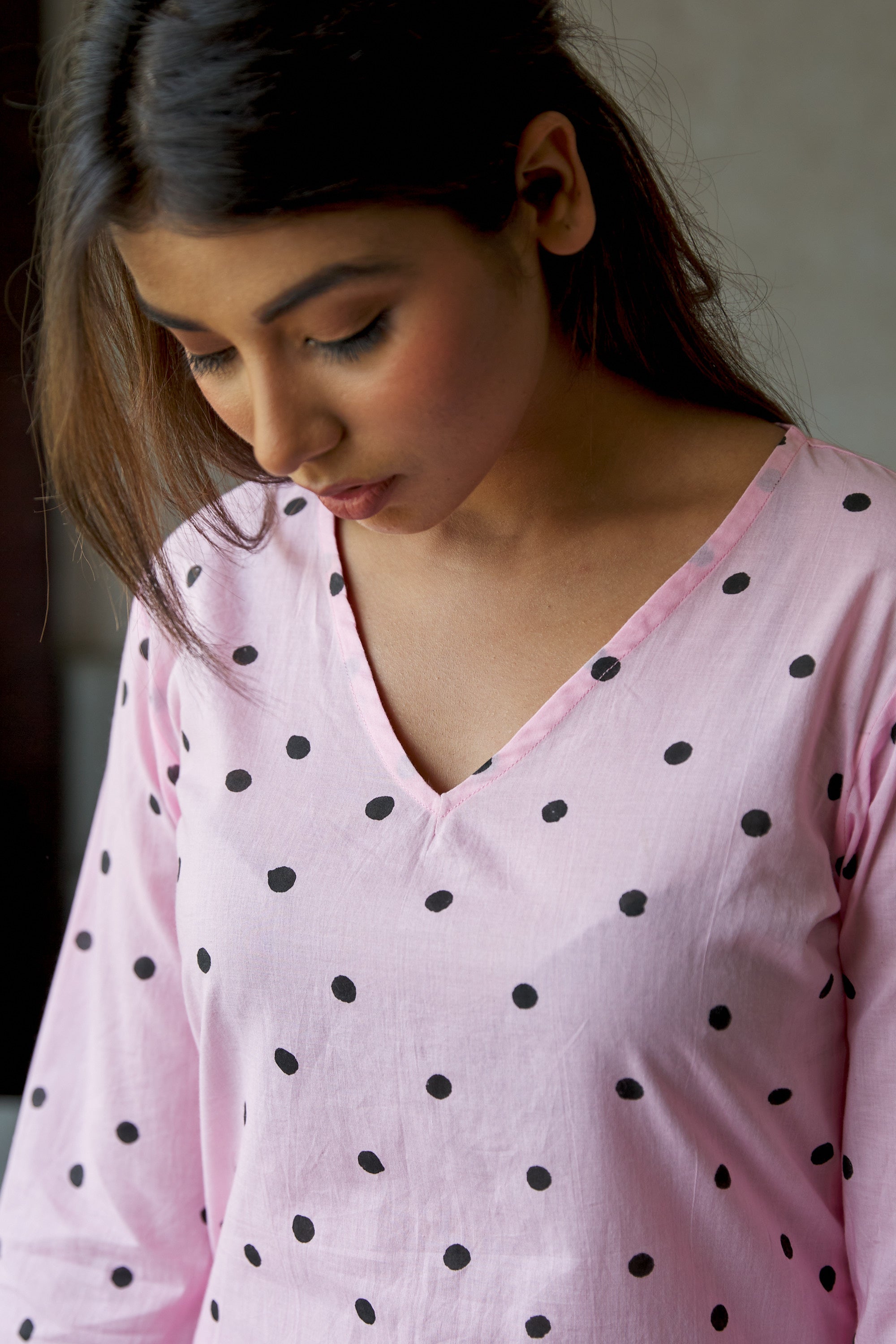 Women's Cotton Baby Pink V Neck Polka Dot Set - Nangalia Ruchira