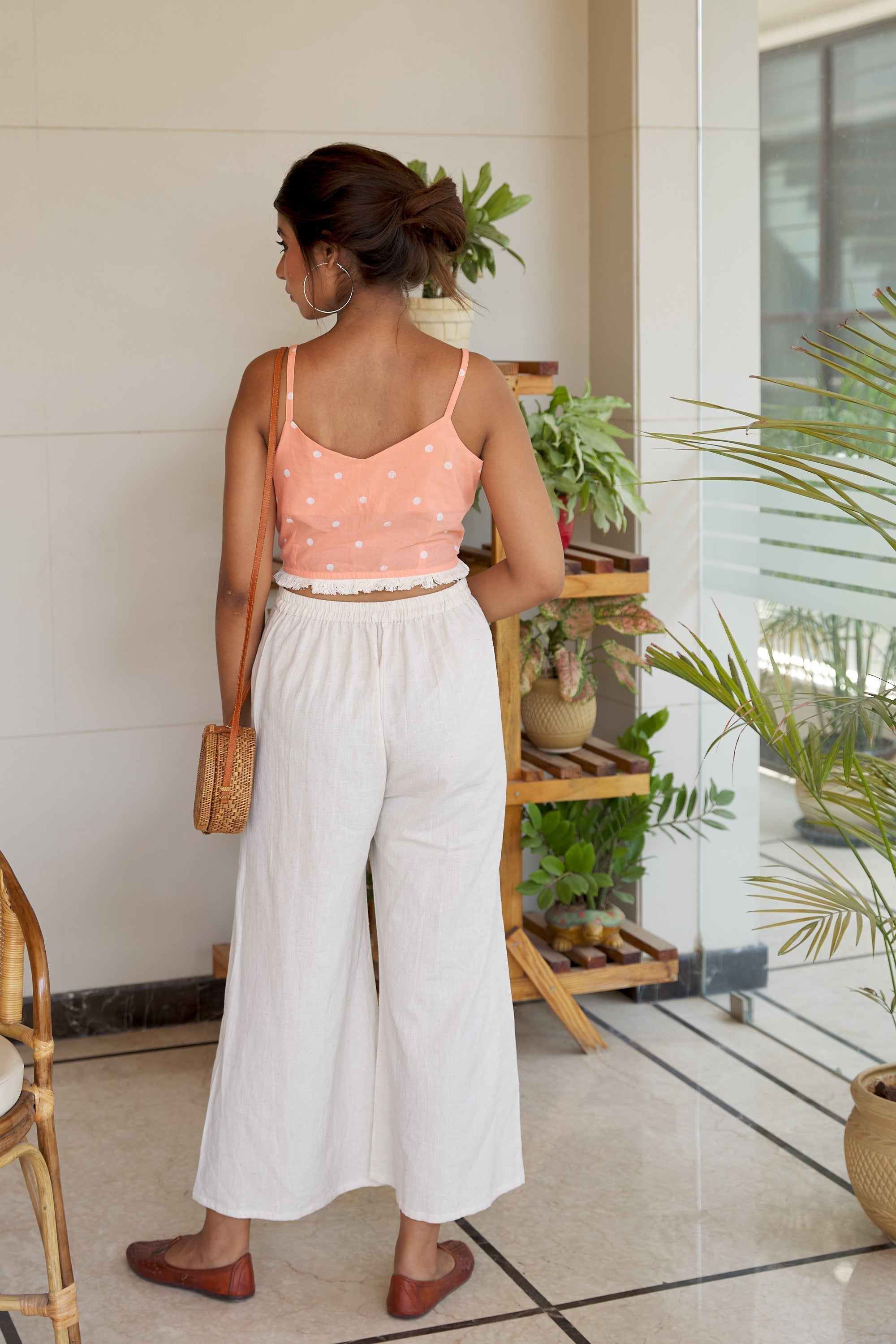 Women's Peach Strappy Cotton Fringed Crop Top - Nangalia Ruchira