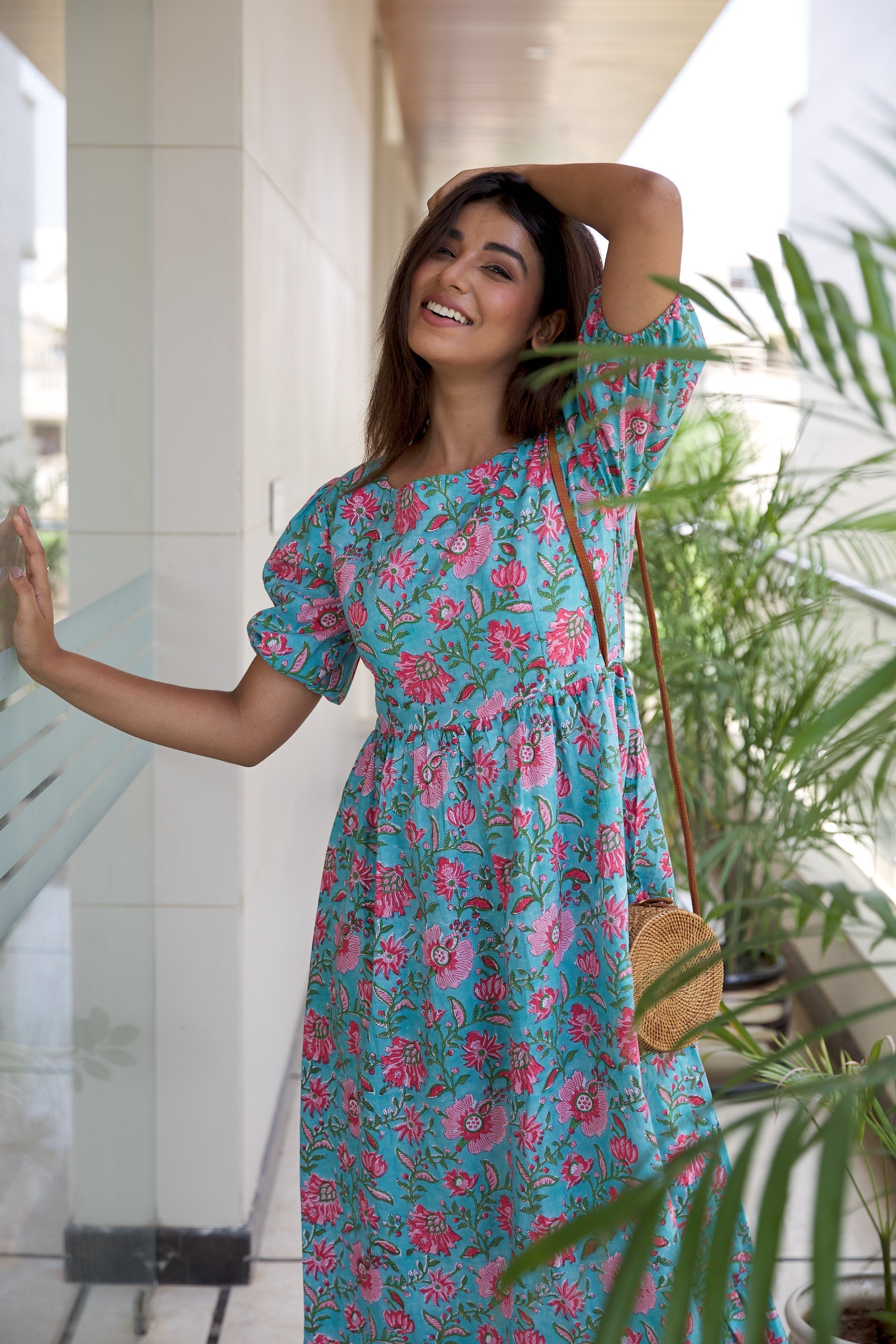 Women's Blue Floral Cotton Maxi - Nangalia Ruchira
