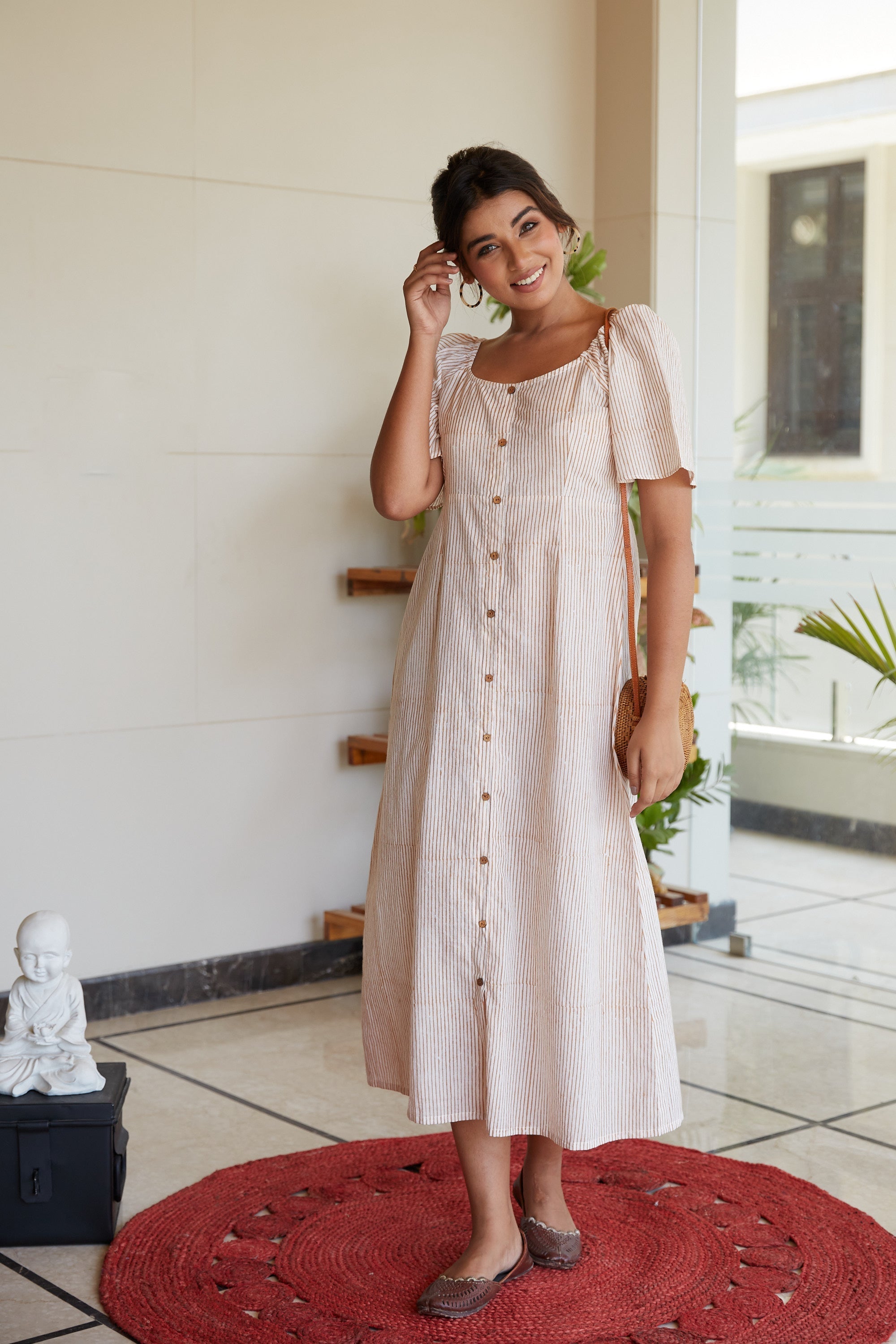 Women's Brown Striped Cotton Buttondown Maxi Dress - Nangalia Ruchira