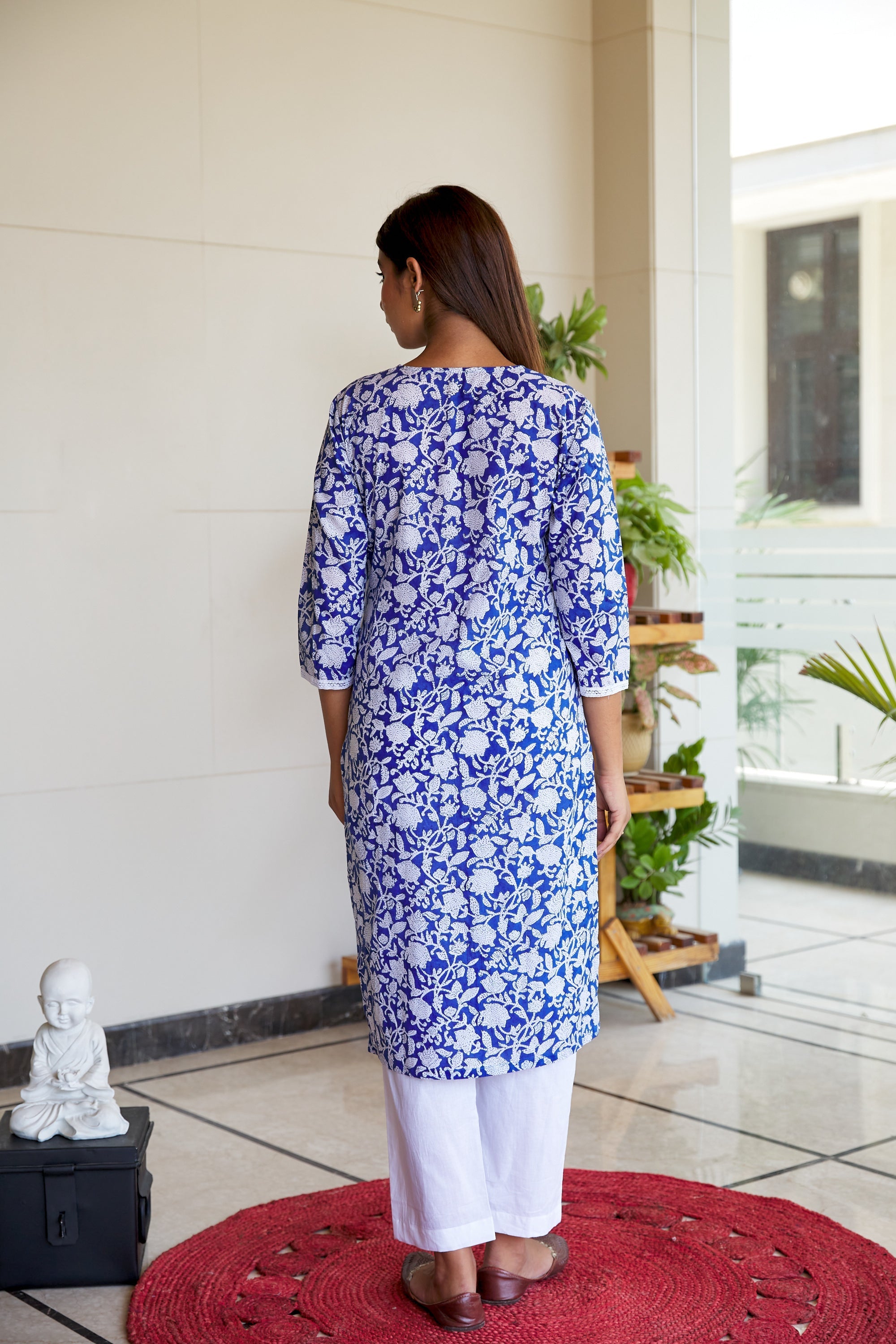 Women's Blue Jaal Block Printed Cotton Kurta Set - (Set Of 2) - Nangalia Ruchira