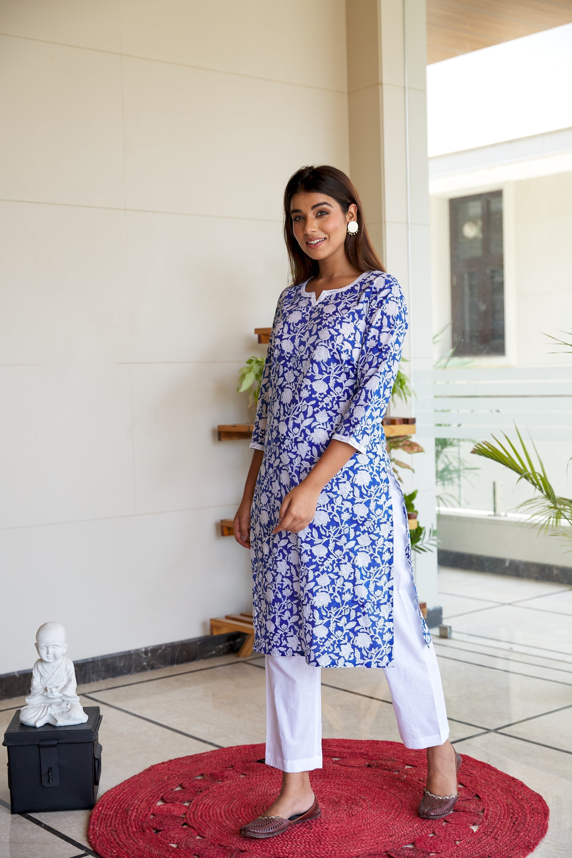 Women's Blue Jaal Block Printed Cotton Kurta Set - (Set Of 2) - Nangalia Ruchira