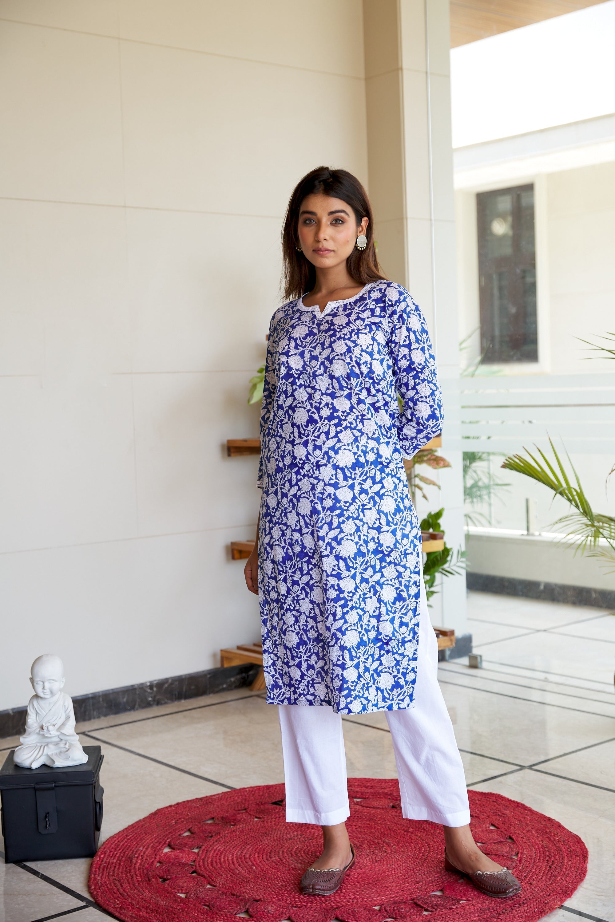 Women's Blue Jaal Block Printed Cotton Kurta Set - (Set Of 2) - Nangalia Ruchira