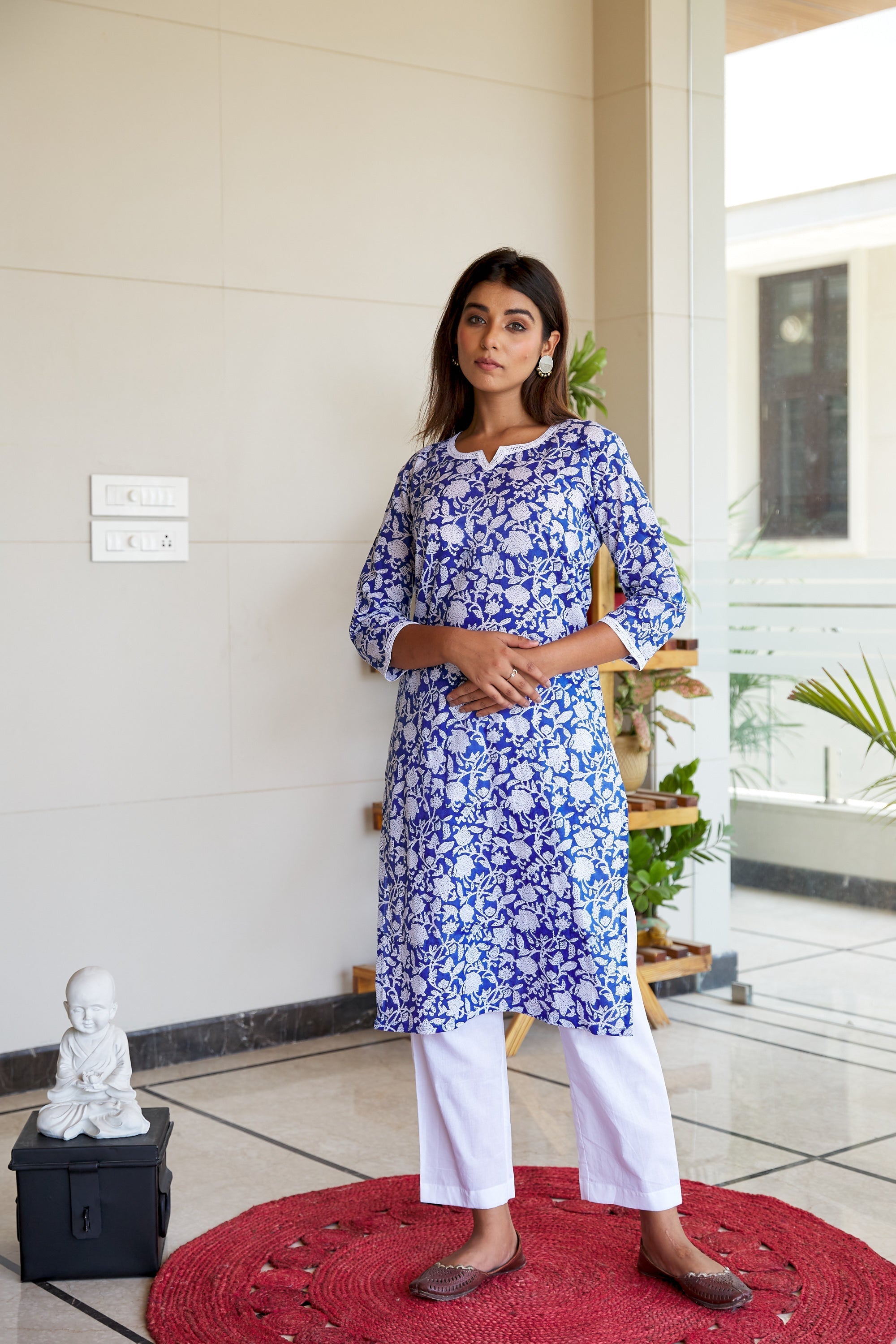 Women's Blue Jaal Block Printed Cotton Kurta Set - (Set Of 2) - Nangalia Ruchira
