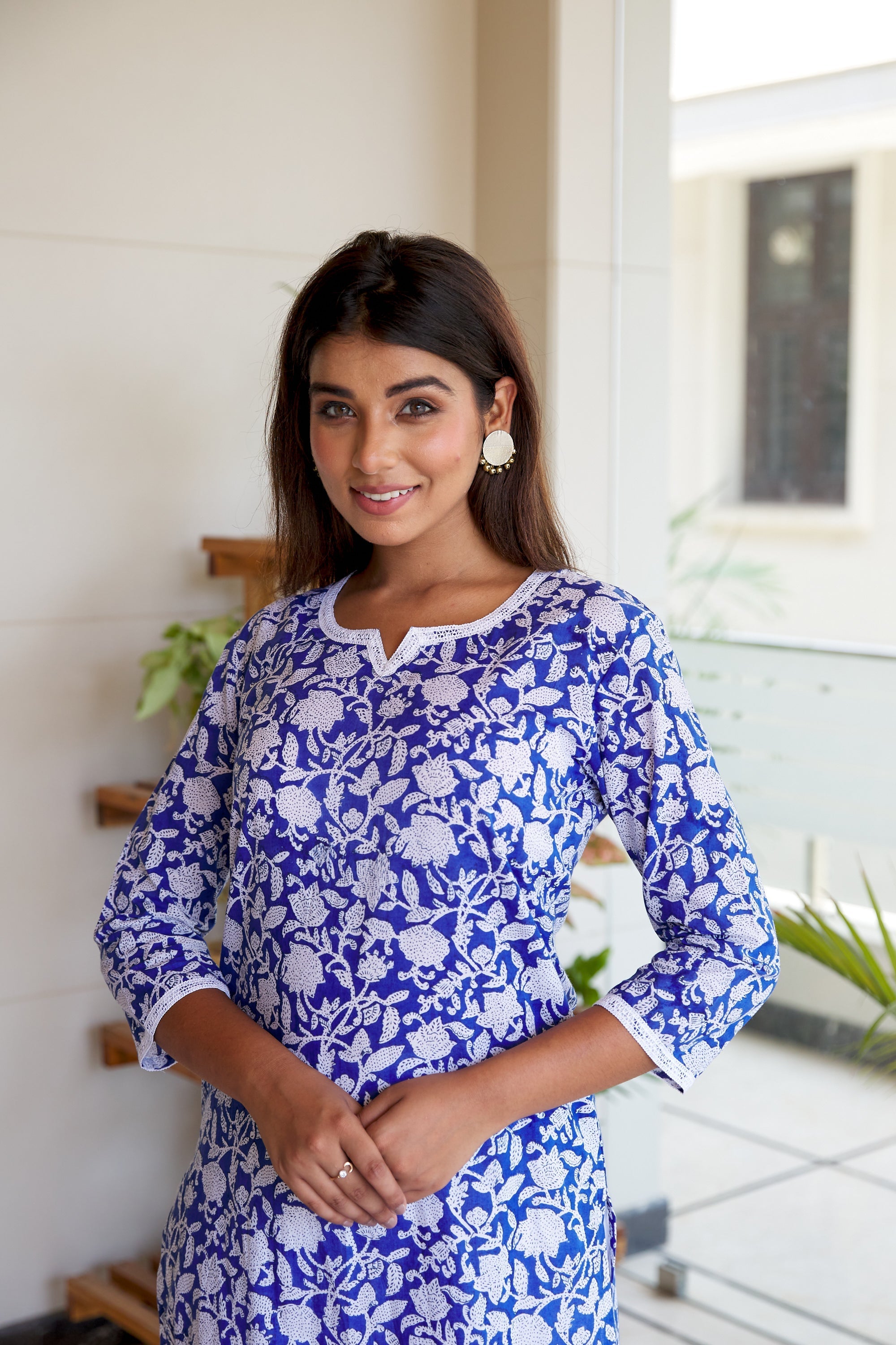 Women's Blue Jaal Block Printed Cotton Kurta Set - (Set Of 2) - Nangalia Ruchira