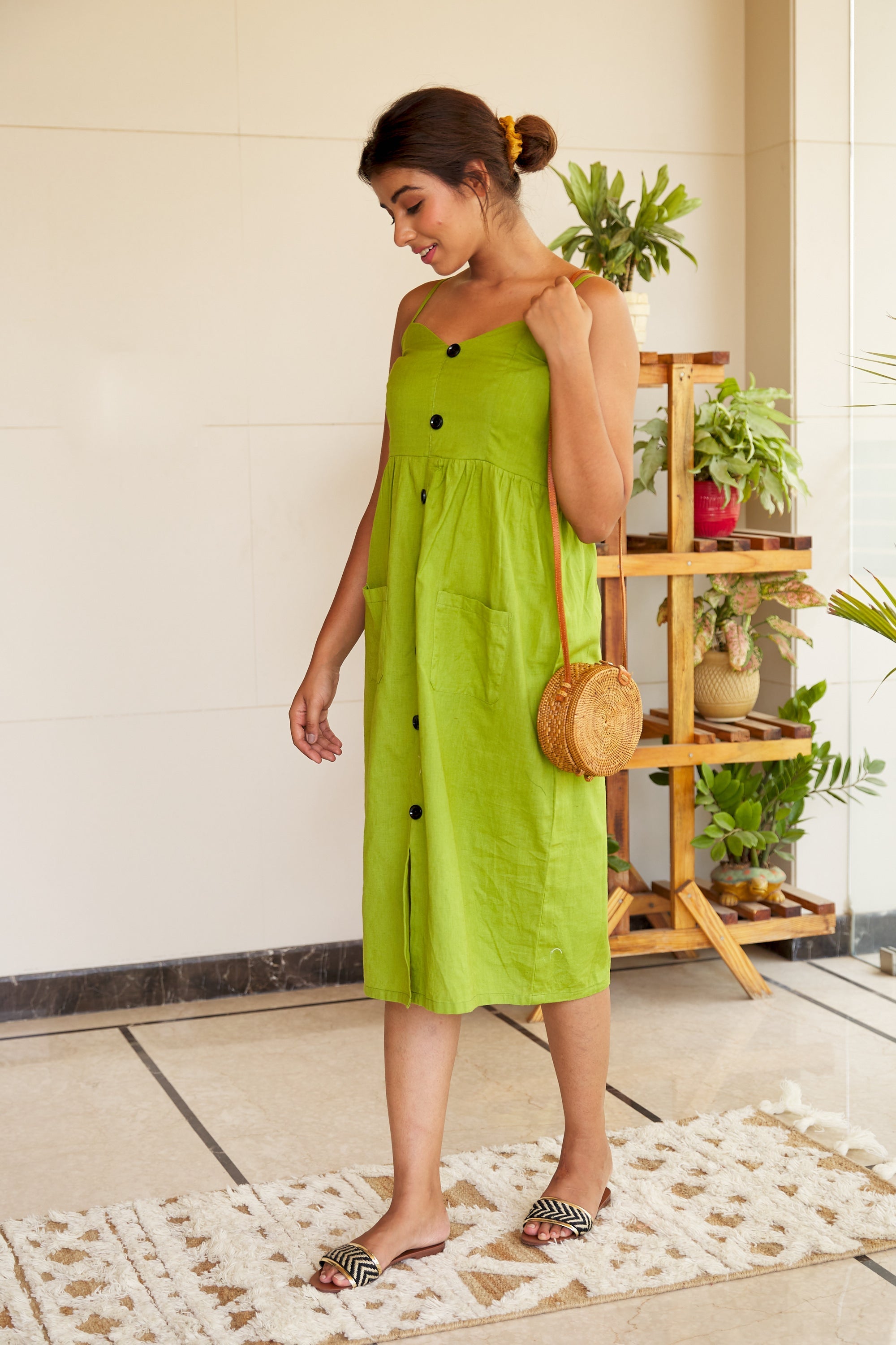 Women's Green Strappy Linen Button Down Dress - Nangalia Ruchira