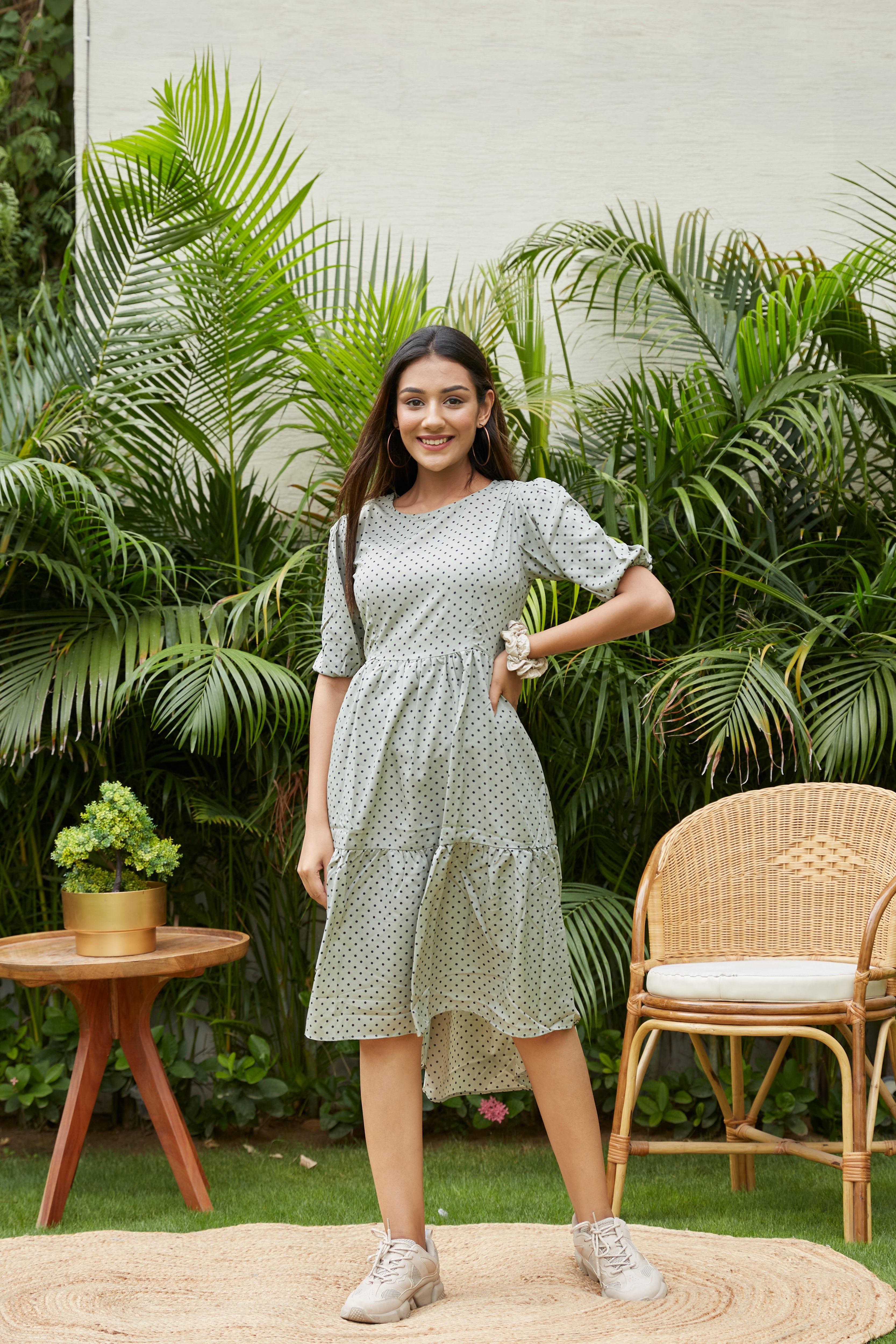 Women's Moss Green Polka Tiered Dress - Nangalia Ruchira