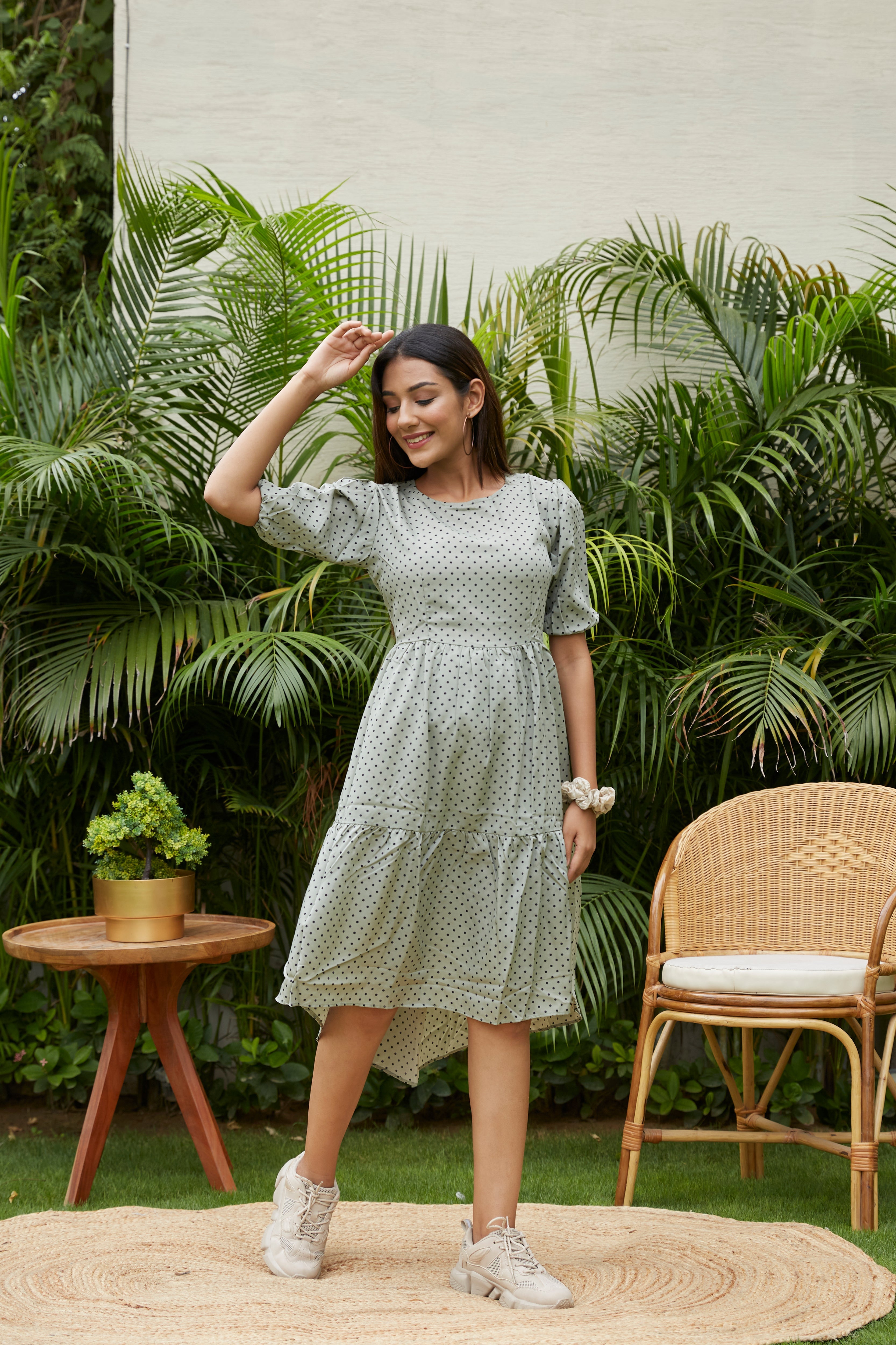 Women's Moss Green Polka Tiered Dress - Nangalia Ruchira