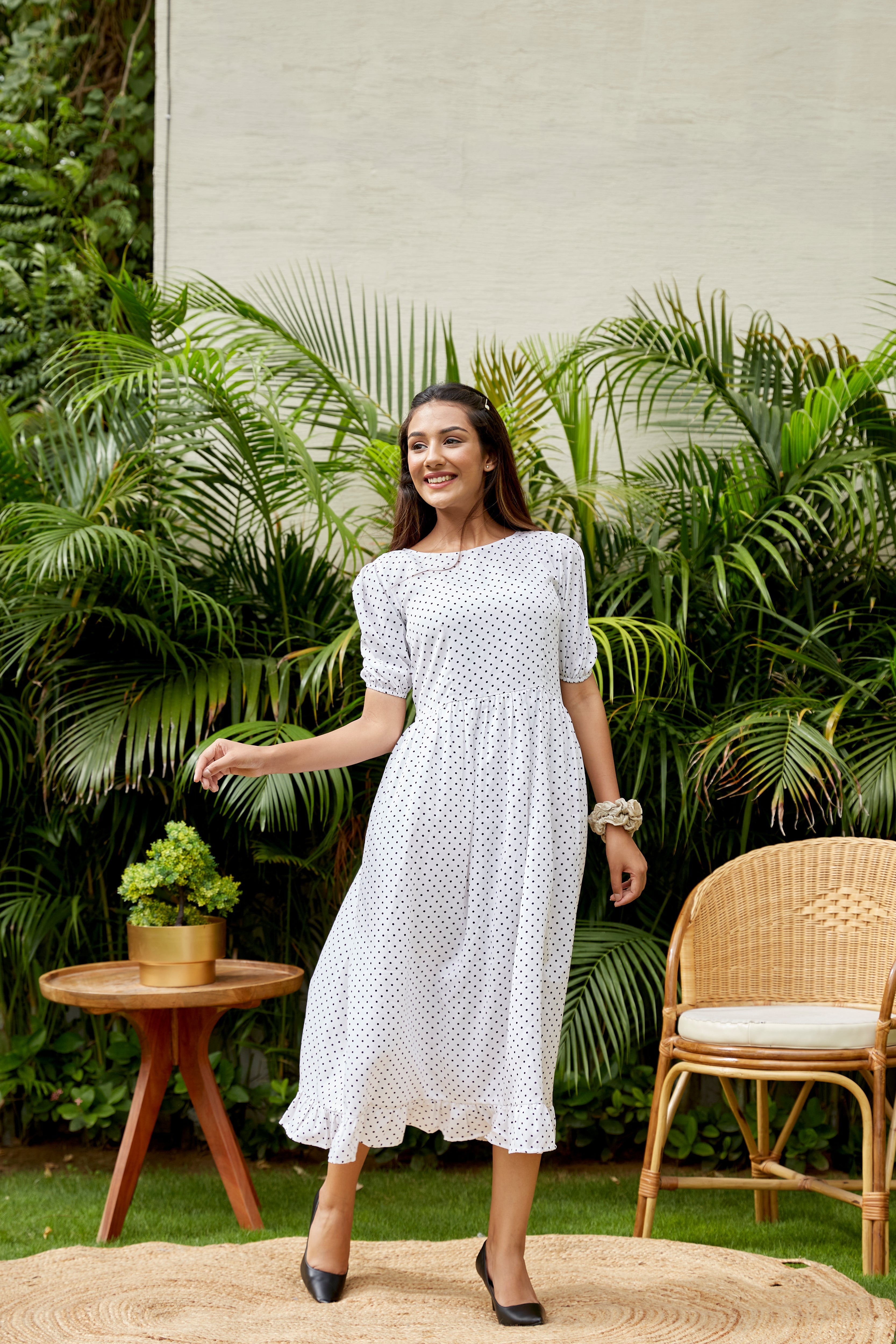 Women's White Polka Maxi Dress - Nangalia Ruchira