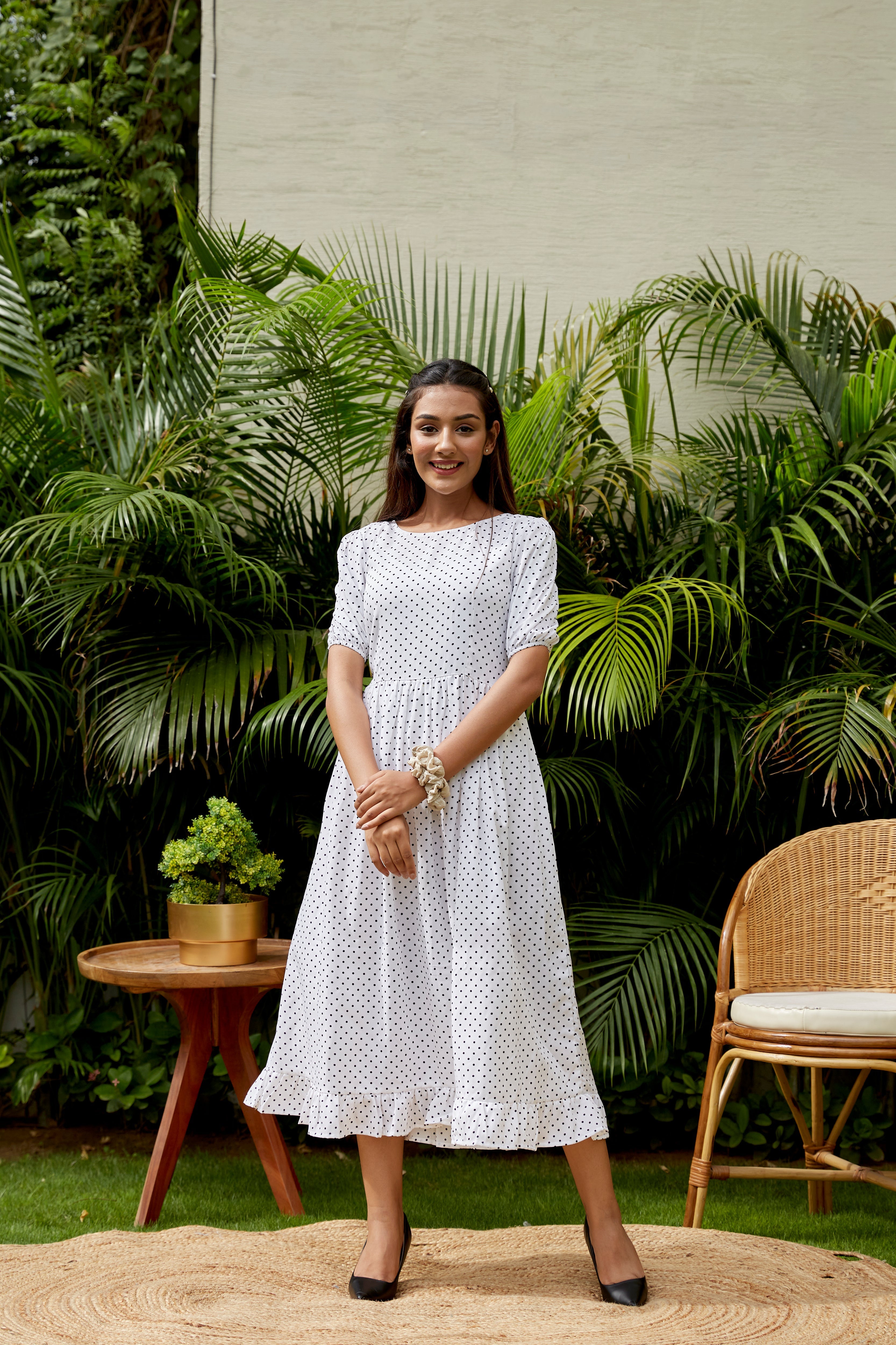 Women's White Polka Maxi Dress - Nangalia Ruchira