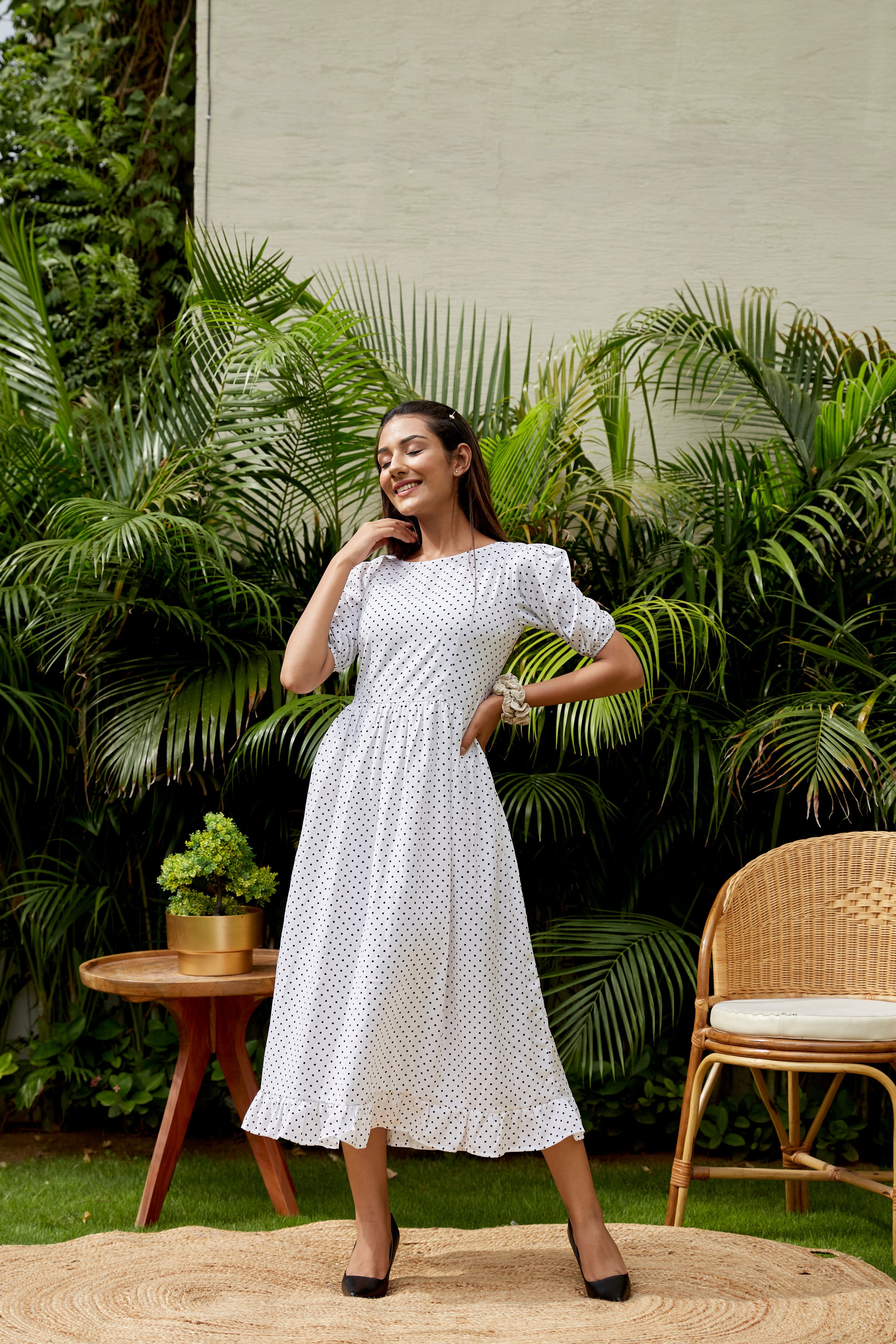 Women's White Polka Maxi Dress - Nangalia Ruchira