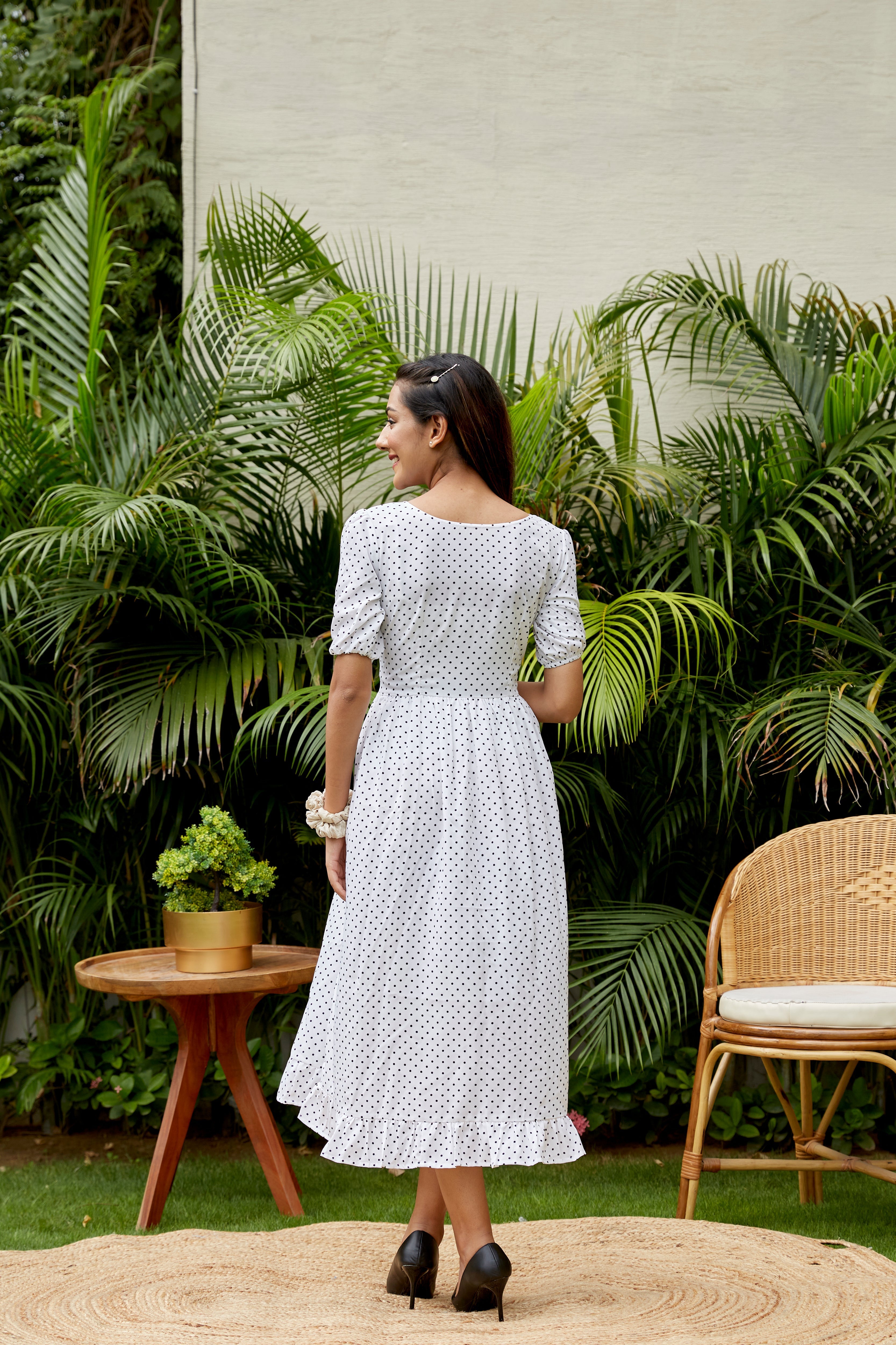 Women's White Polka Maxi Dress - Nangalia Ruchira